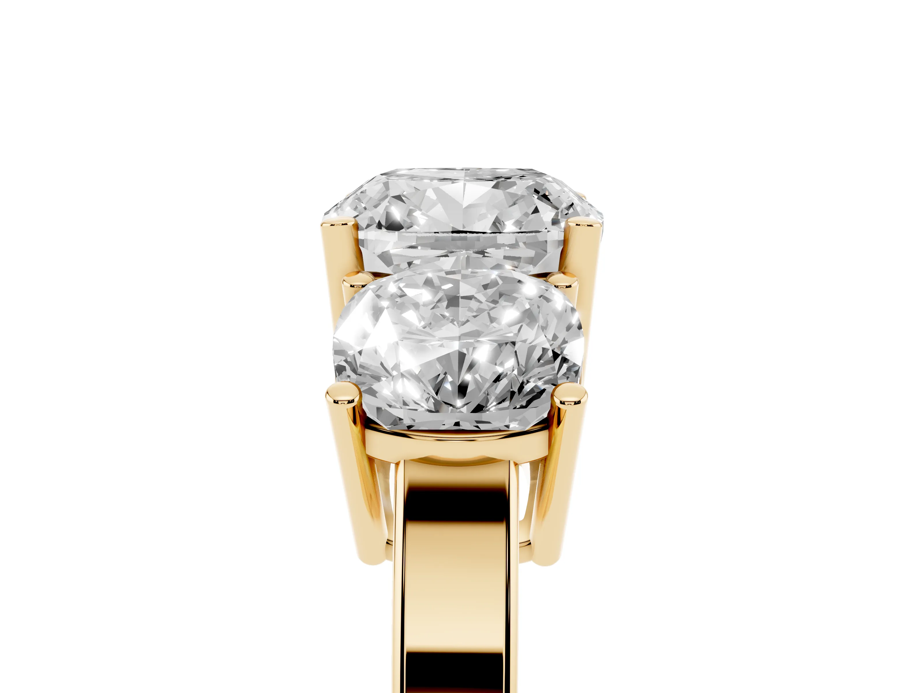 Cushion Cut Diamond Three-Stone Engagement Ring Set in Yellow gold with Flat Band