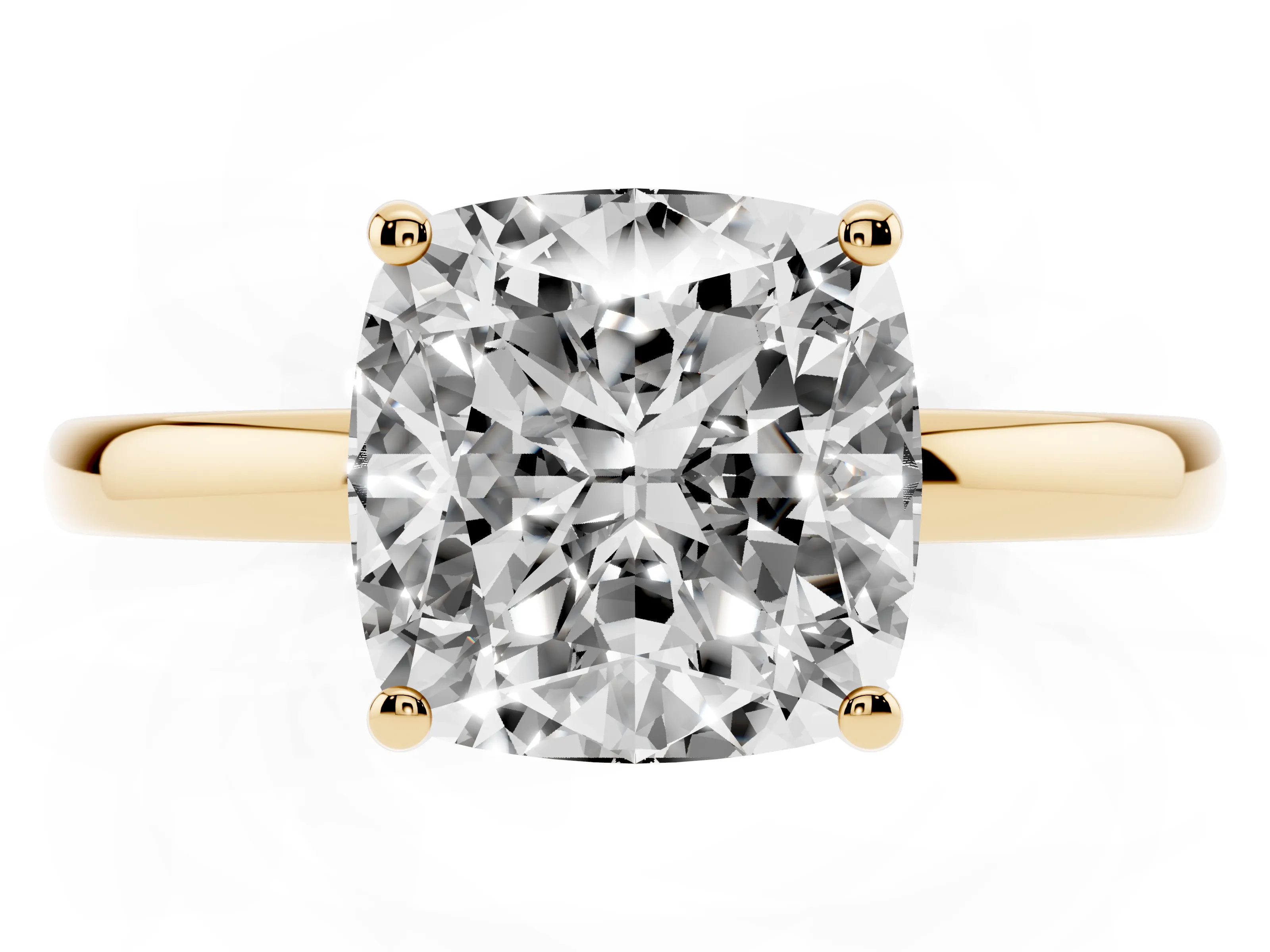 Cushion Cut Diamond Solitaire Ring Set in Yellow gold with Plain Band and Prong Setting