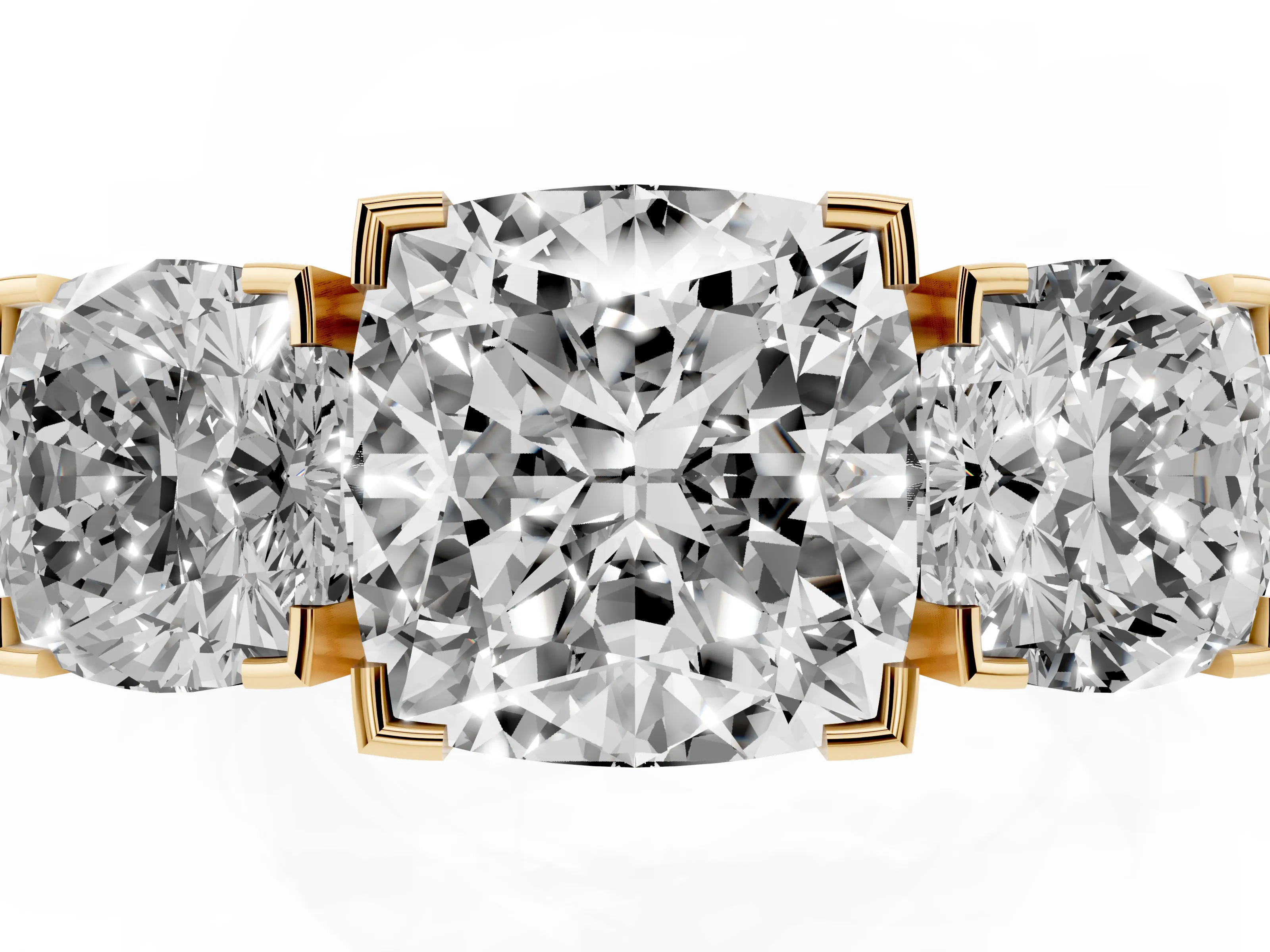 Cushion Cut Diamond Three-Stone Ring Set in Yellow gold with Channel-Set Band and Prong Settings