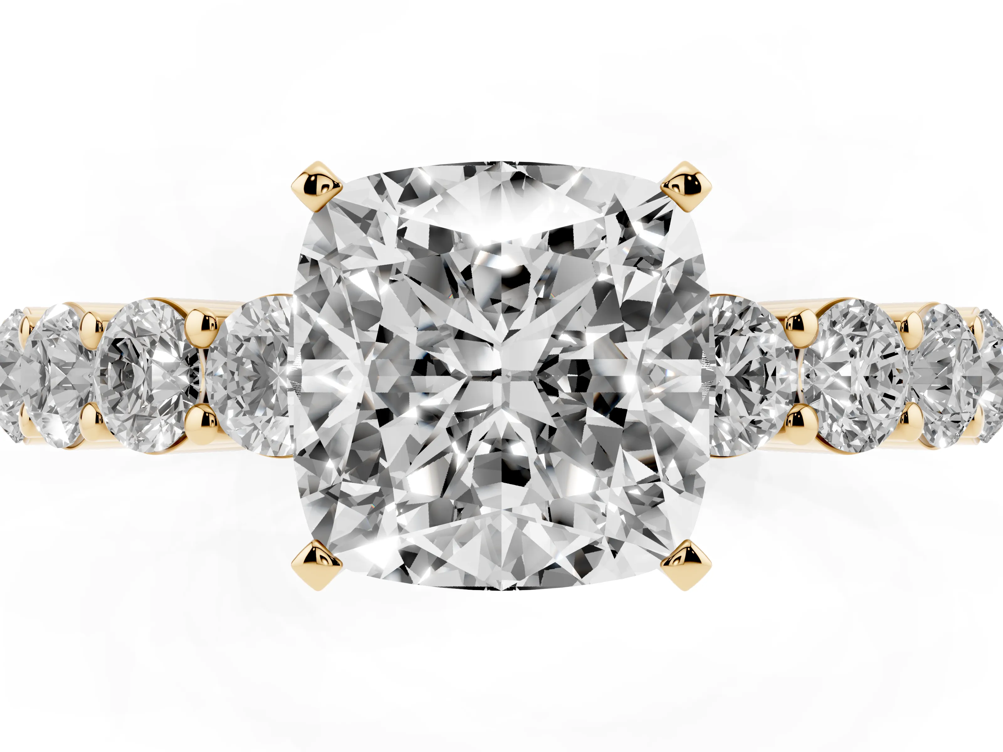 Cushion Cut Diamond Solitaire Ring Set in Yellow gold with Shared Prong Round Side Stones