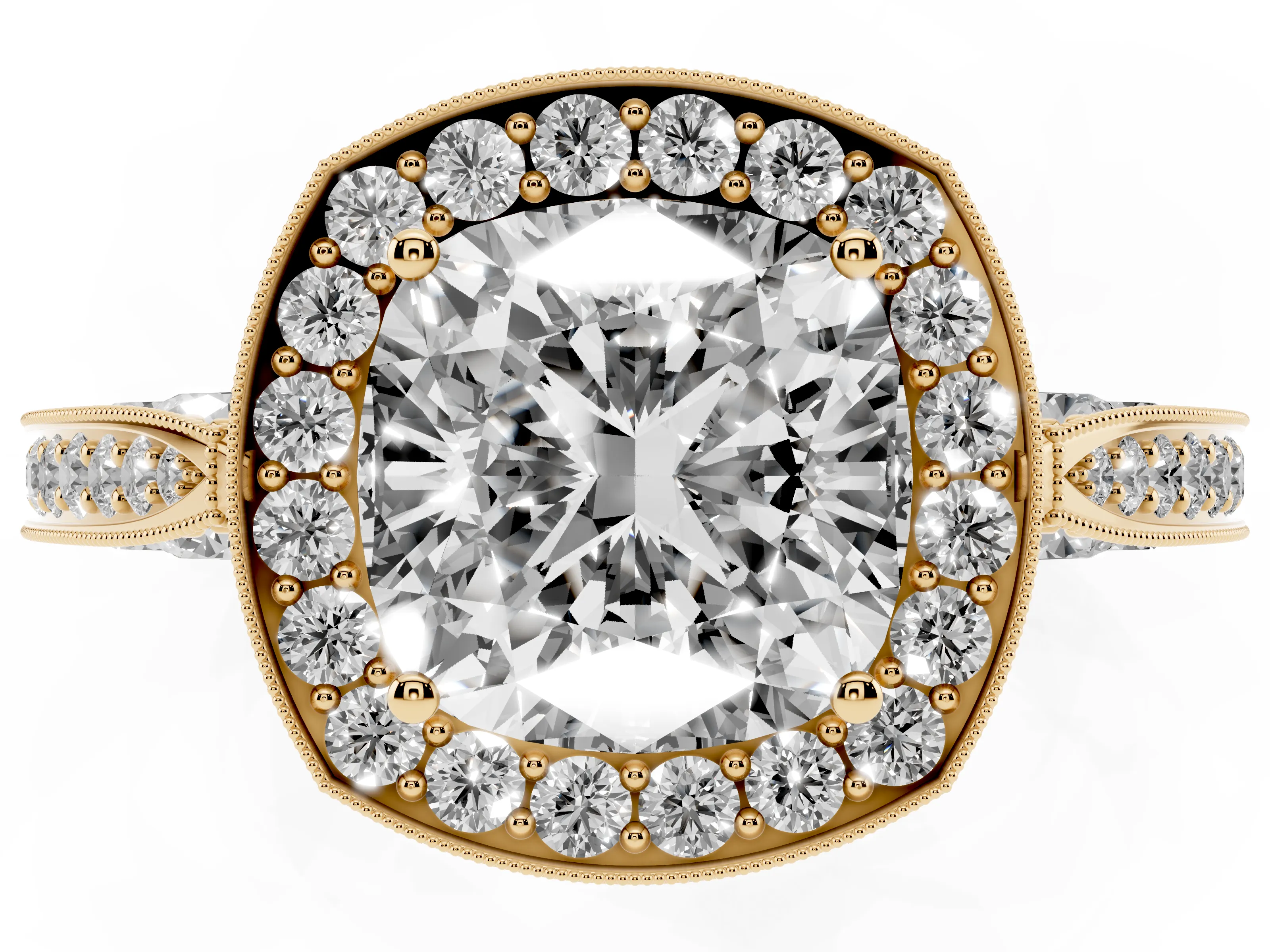Cushion Cut Diamond Halo Engagement Ring Set in Yellow gold with Accent Split Shank Band