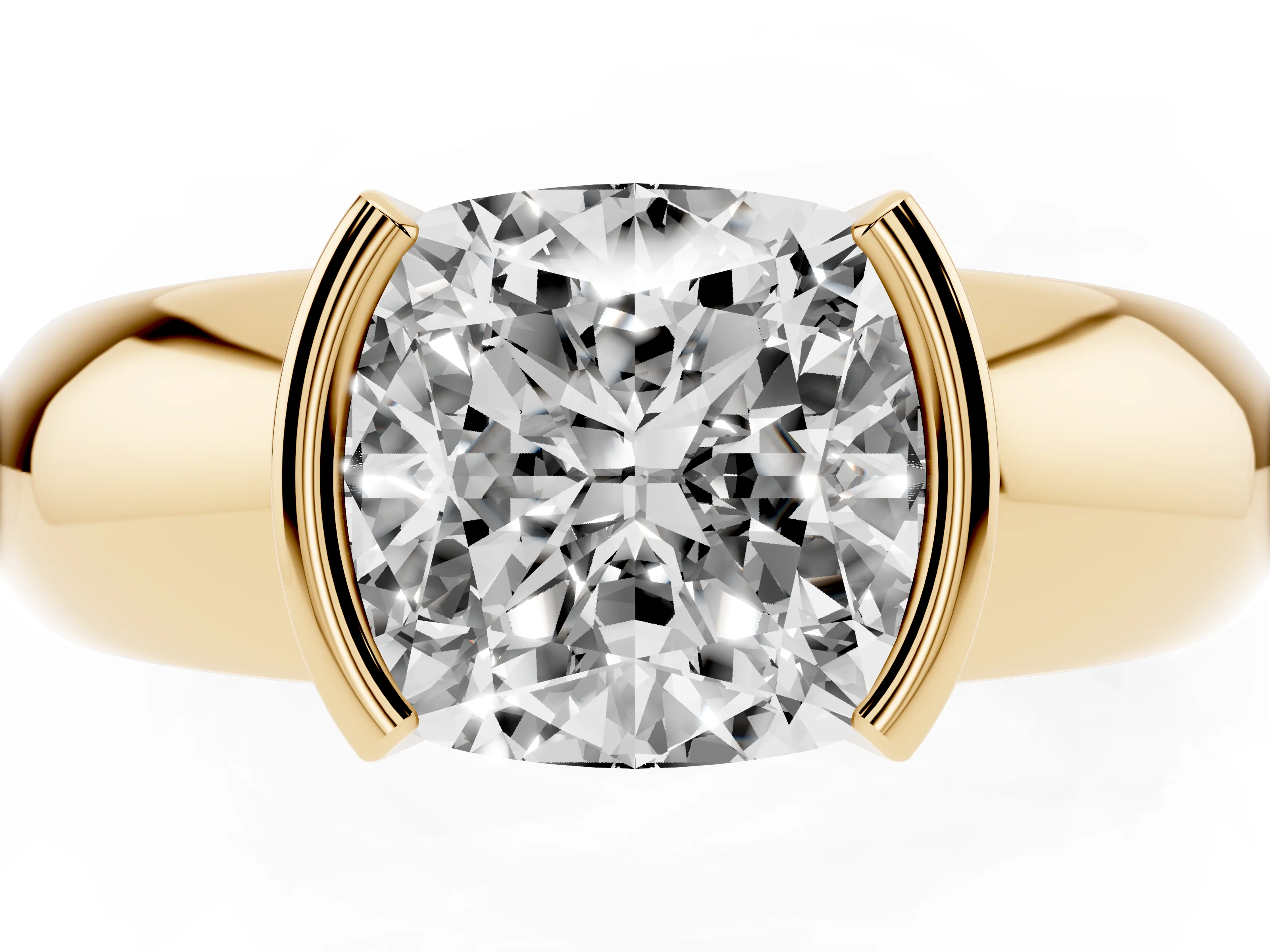Cushion Cut Diamond Solitaire Tension Set Ring Set in Yellow gold with Wide Band
