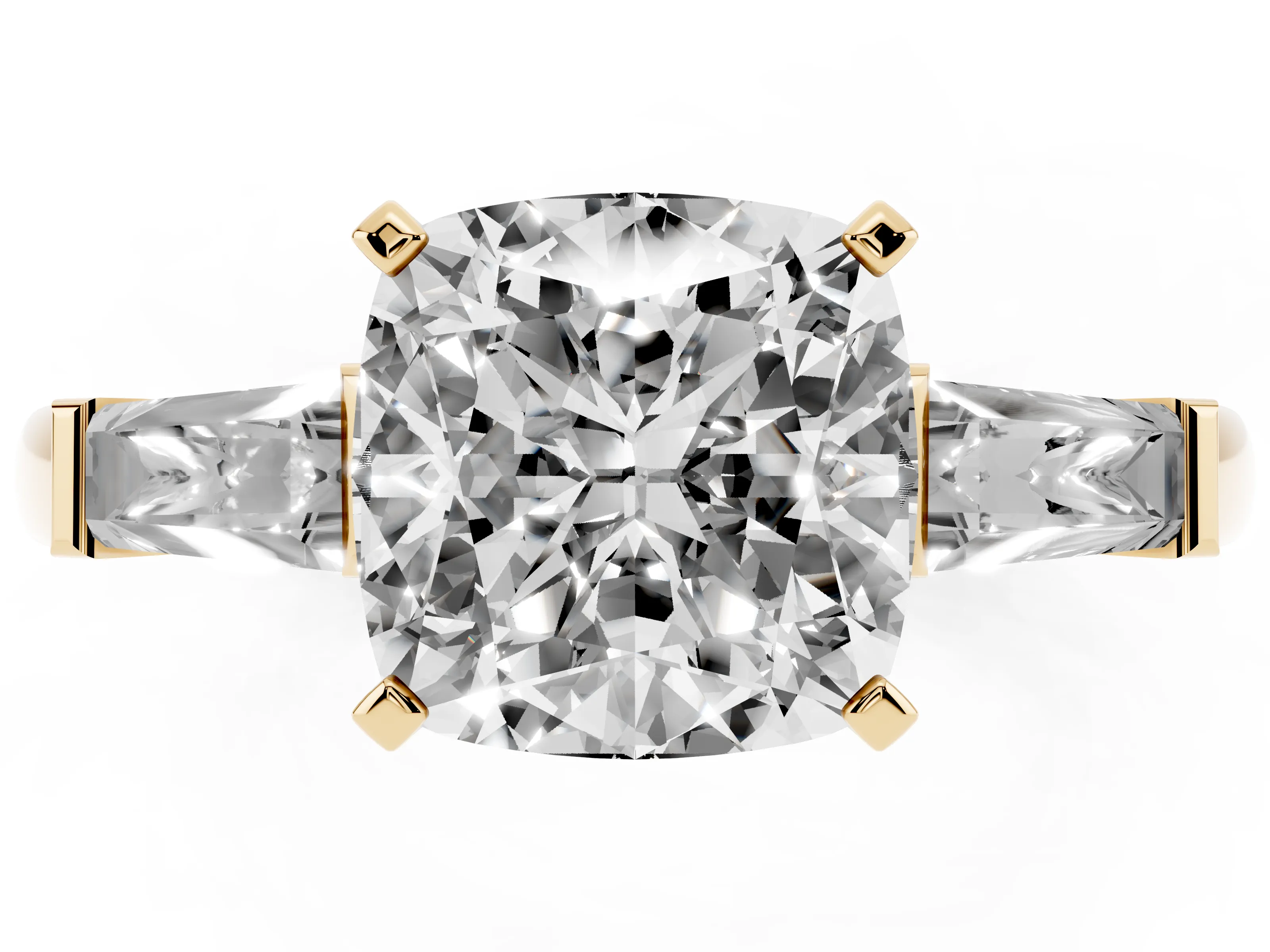 Cushion Cut Diamond Solitaire Ring Set in Yellow gold with Tapered Baguette Side Stones and Prong Setting