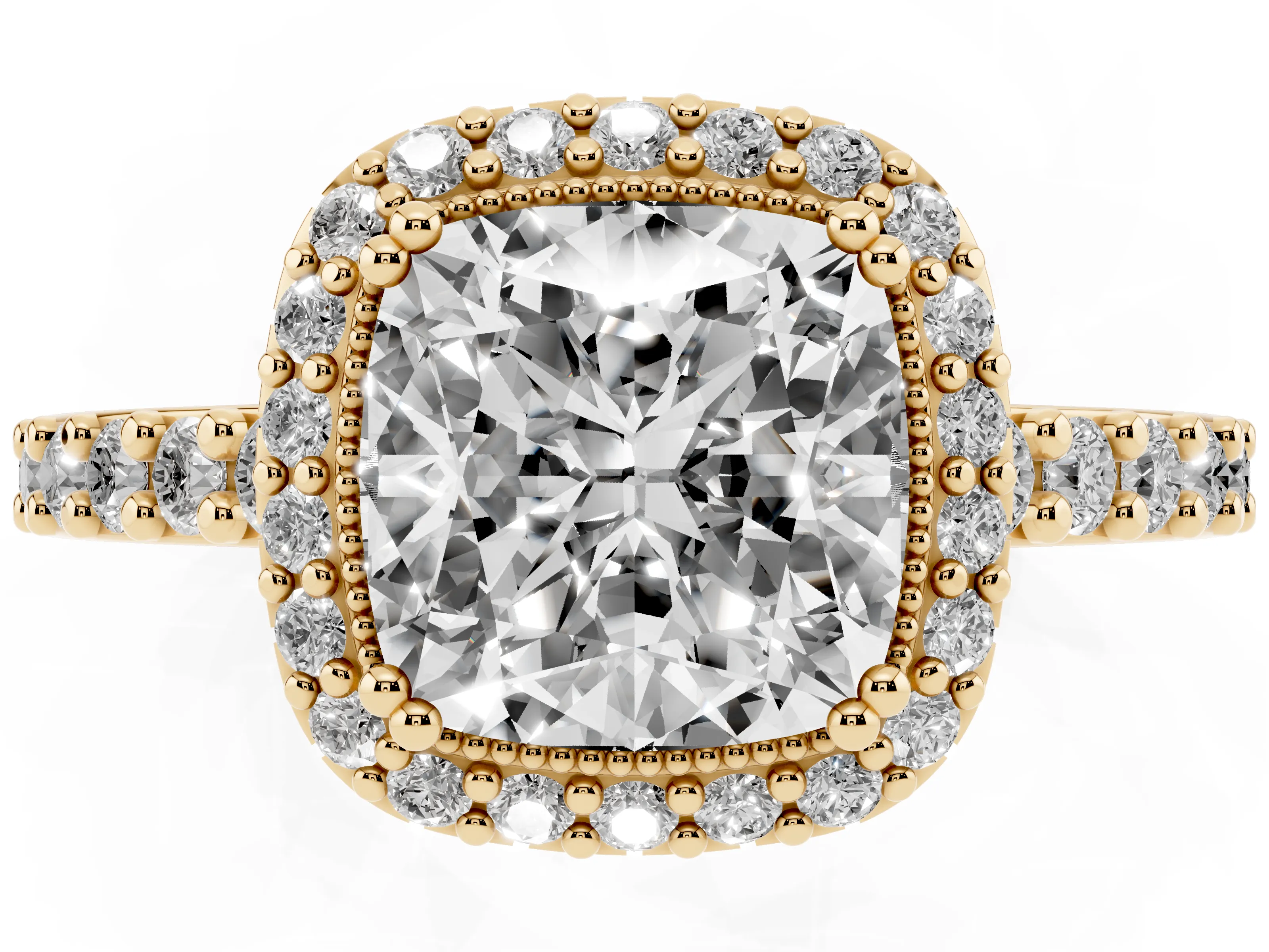 Cushion Cut Diamond Halo Engagement Ring Set in Yellow gold with Milgrain Detail and Pavé Band