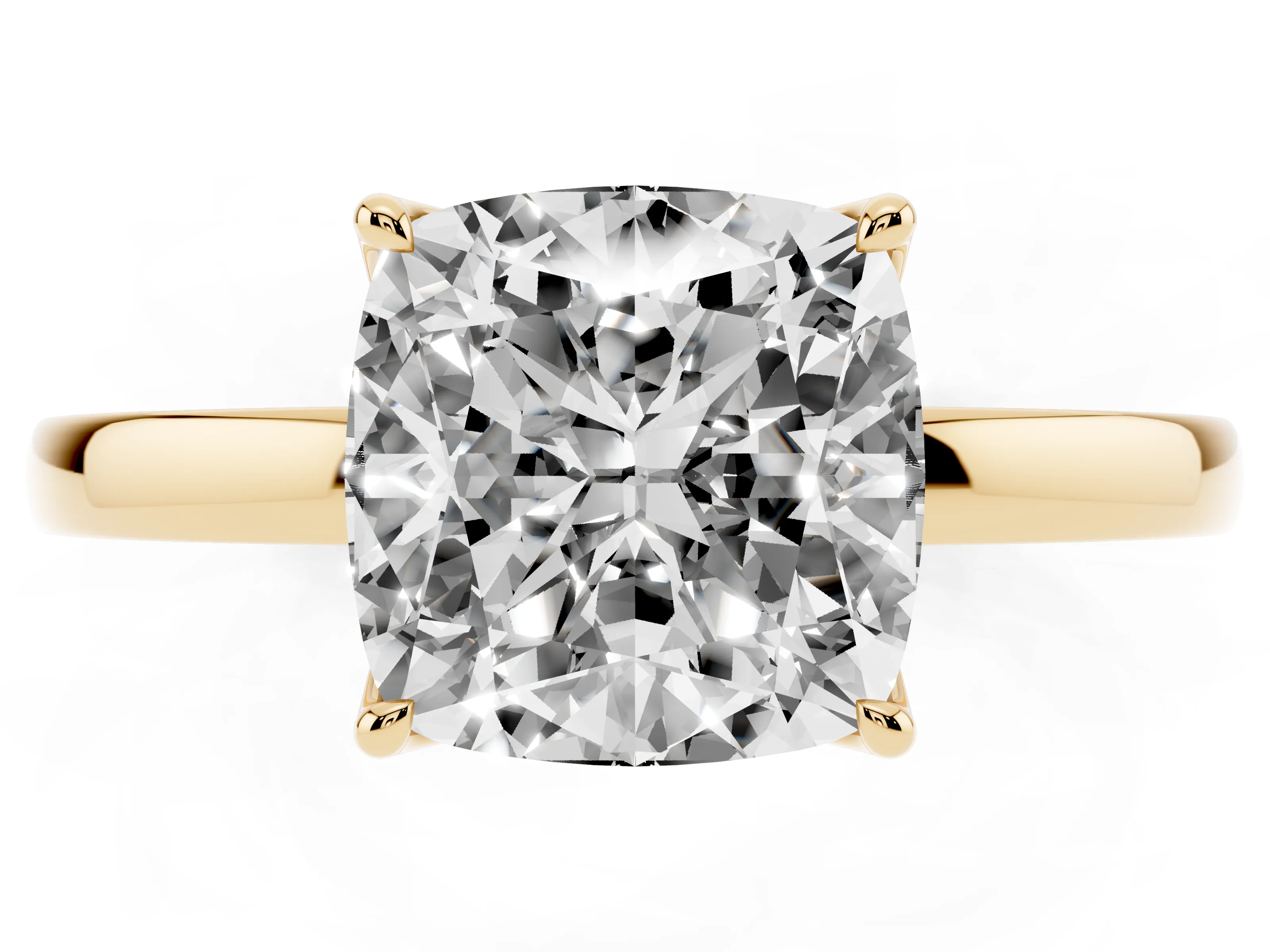 Cushion Cut Diamond Solitaire Ring Set in Yellow gold with Prong Setting and Thin Polished Band