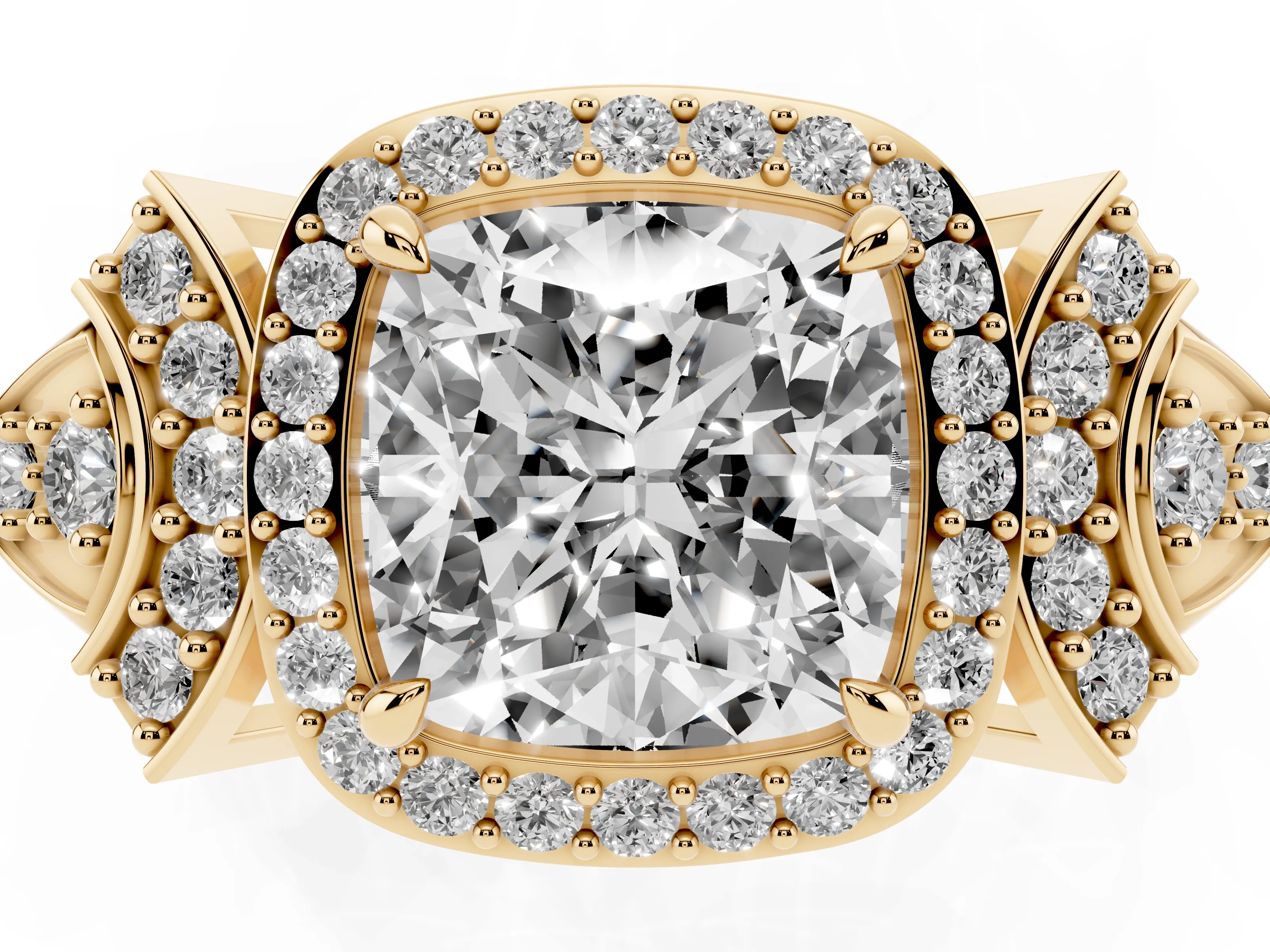Cushion Cut Diamond Halo Engagement Ring Set in Yellow gold with Accent Stone Split Shank