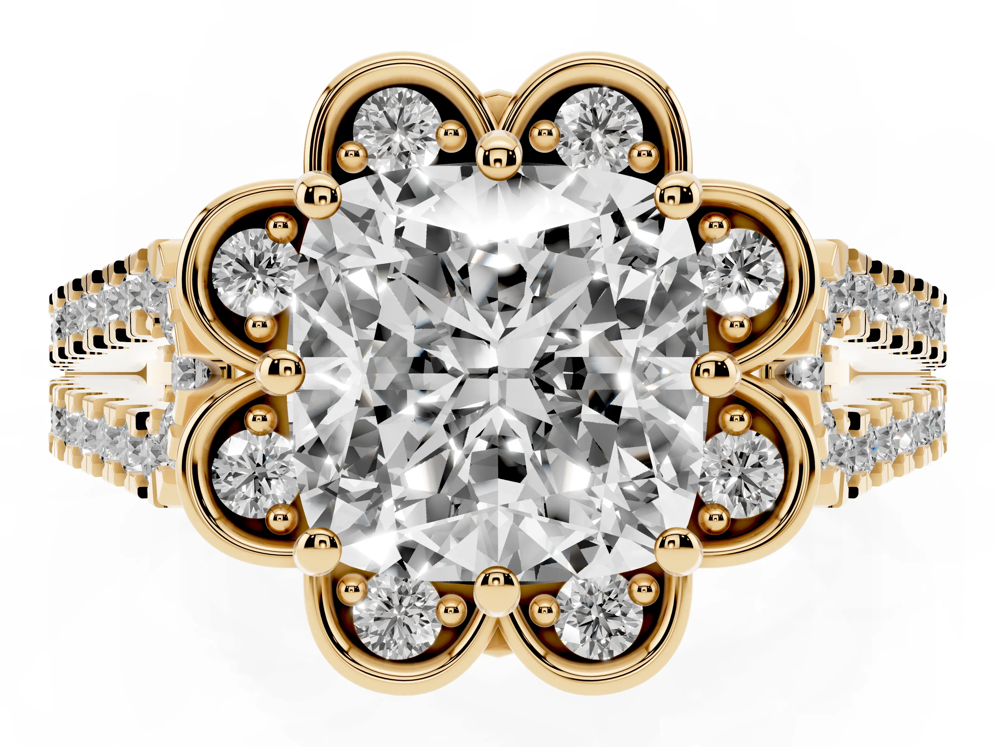 Cushion Cut Diamond Floral Halo Split Shank Engagement Ring Set in Yellow gold with Pavé Shank