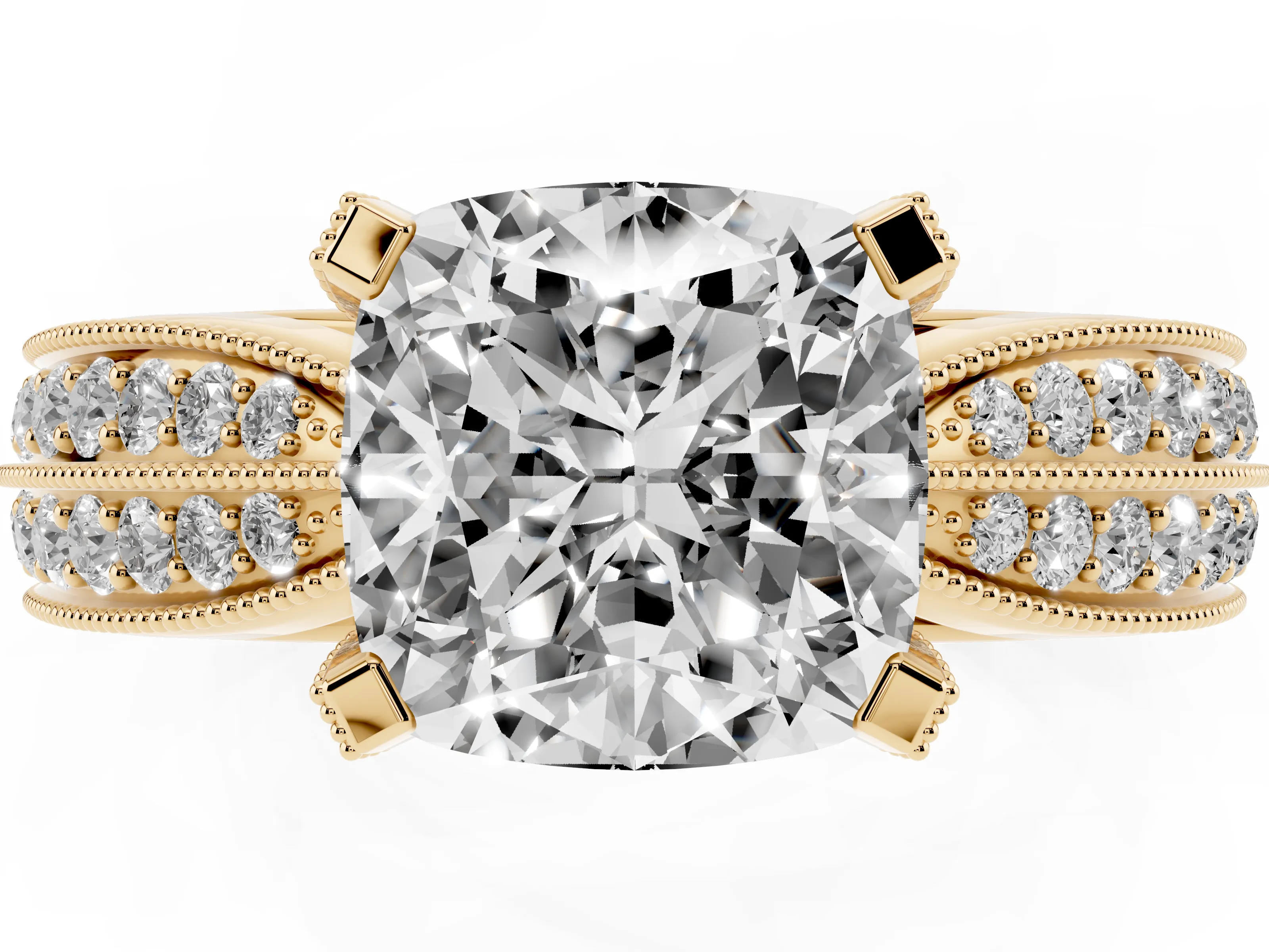 Cushion Cut Diamond Solitaire Ring Set in Yellow gold with Milgrain Double Row Round Pavé Band