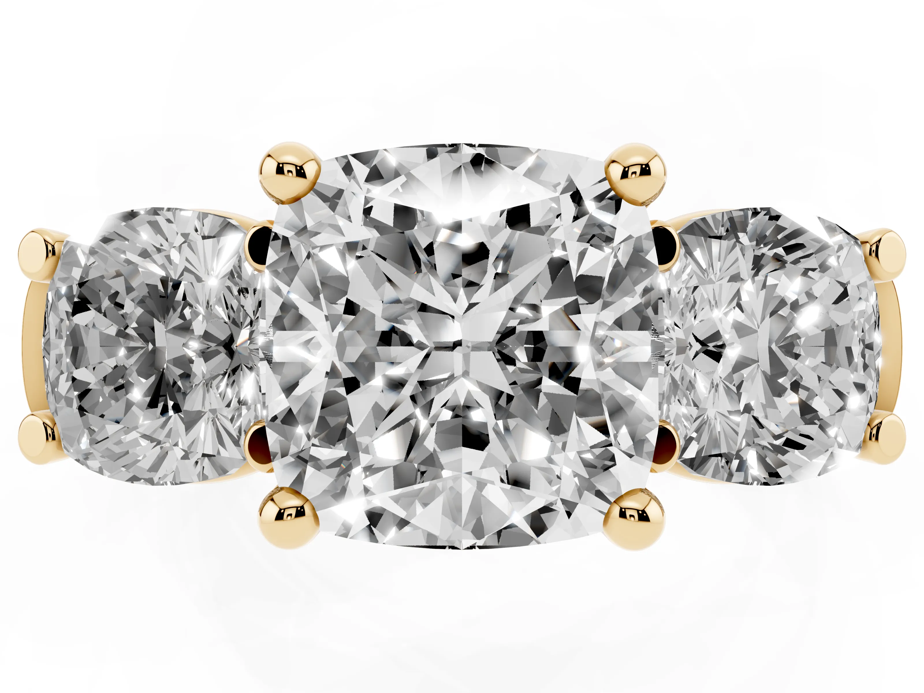 Cushion Cut Diamond Three-Stone Trellis Ring Set in Yellow gold with Comfort Fit Band