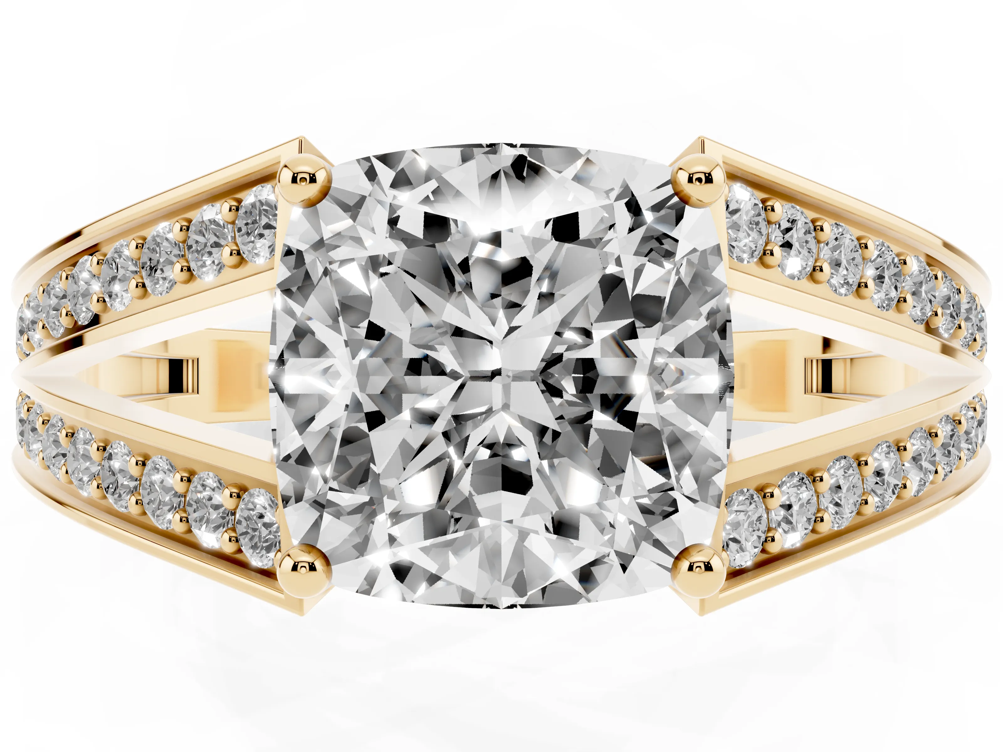 Cushion Cut Diamond Split Shank Ring Set in Yellow gold with Pavé Band and Prong Setting