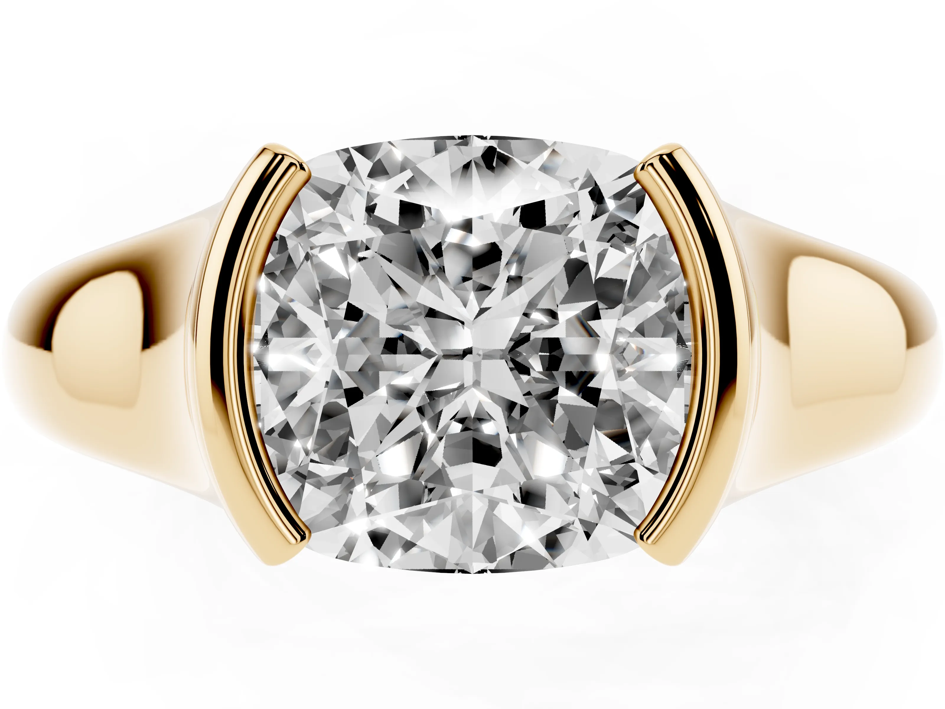 Cushion Cut Diamond Solitaire Tension Set Ring Set in Yellow gold with Split Shank Band