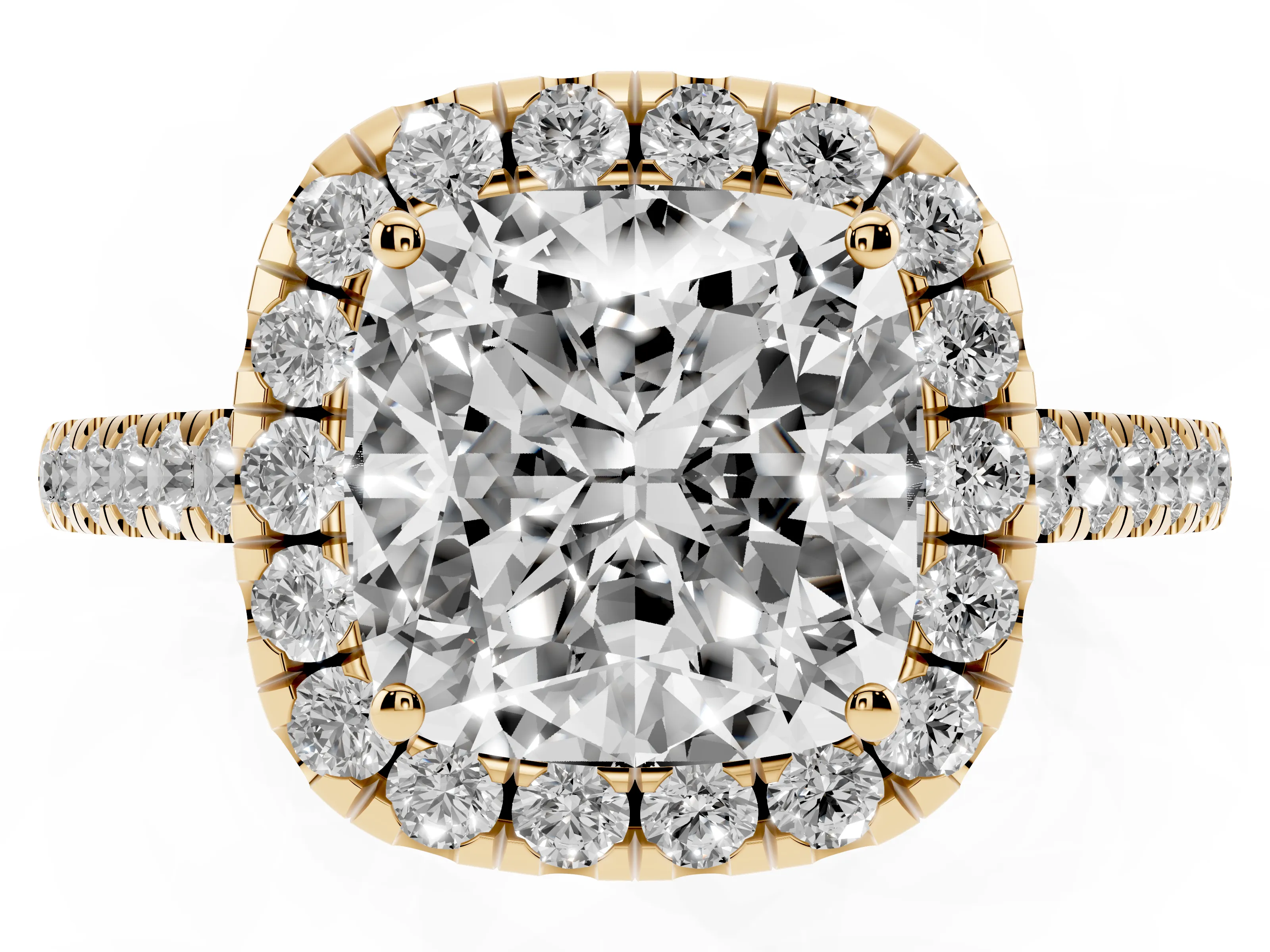 Cushion Cut Diamond Halo Pavé Engagement Ring Set in Yellow gold with Prong Setting
