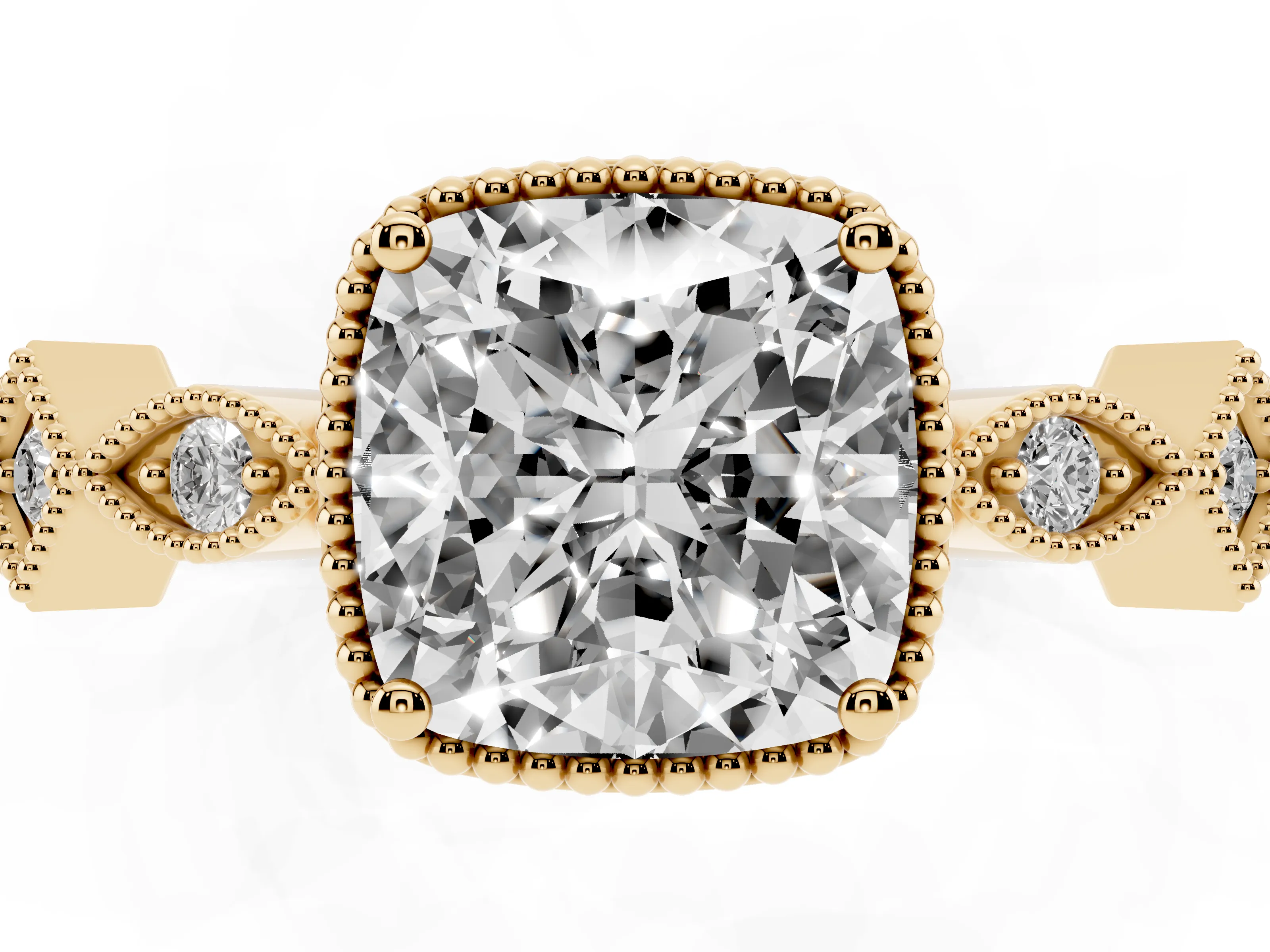 Cushion Cut Diamond Milgrain Marquise Twist Band Ring Set in Yellow gold with Prong Setting