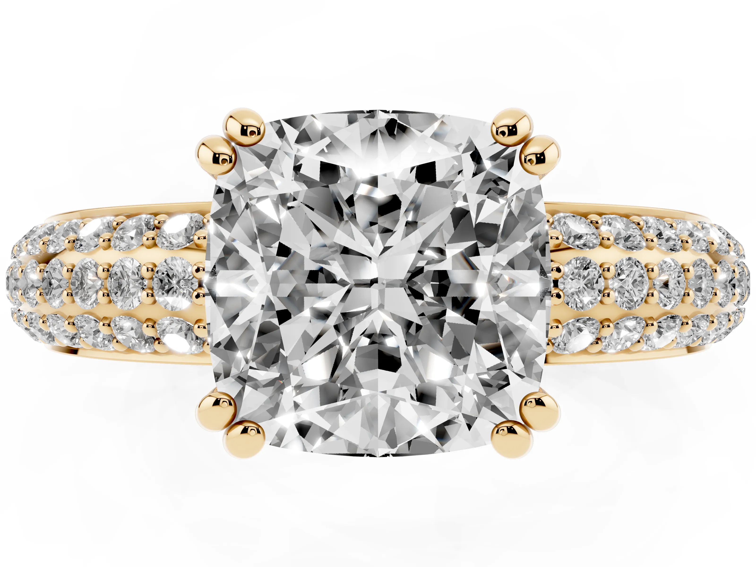 Cushion Cut Diamond Solitaire Ring Set in Yellow gold with Multi-Row Round Pavé Band and Prong Setting