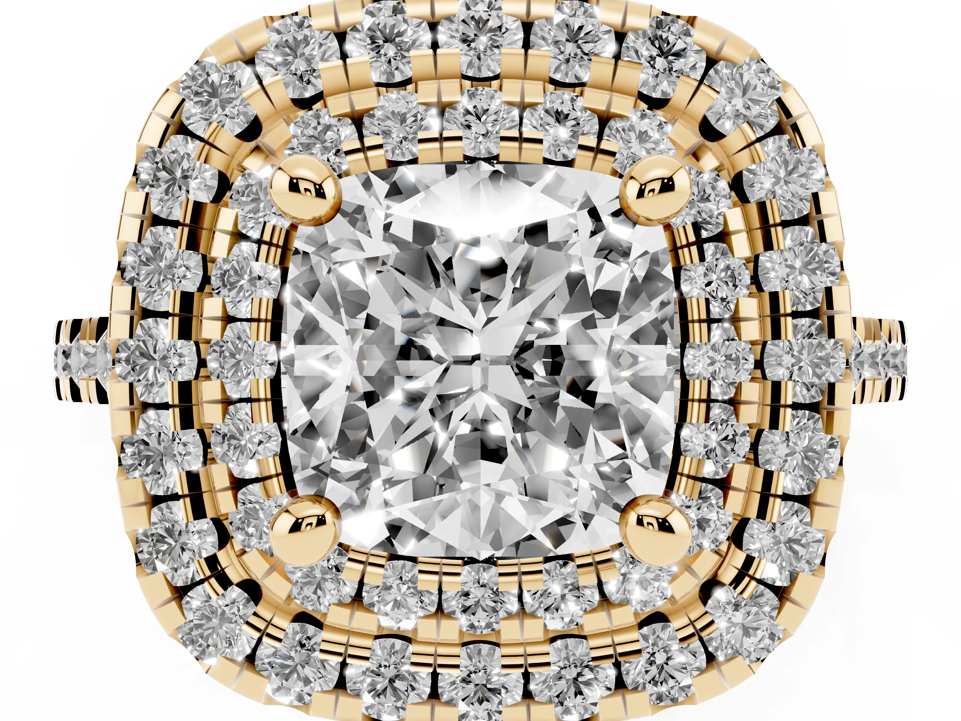 Cushion Cut Diamond Double Halo Statement Ring Set in Yellow gold with Pavé Band