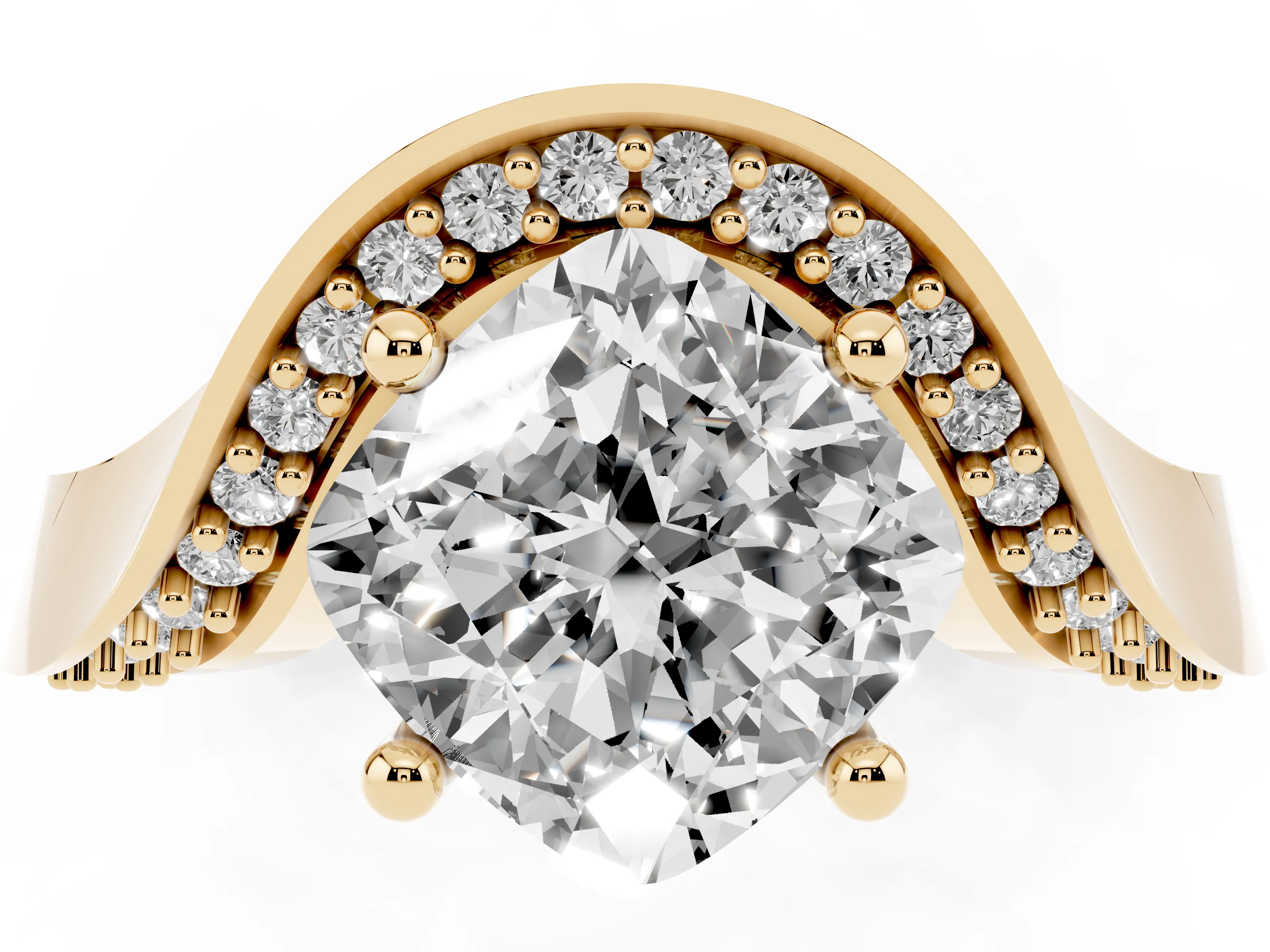 Cushion Cut Bypass Solitaire Engagement Ring Setting | Pavé Ribbon | Yellow Gold