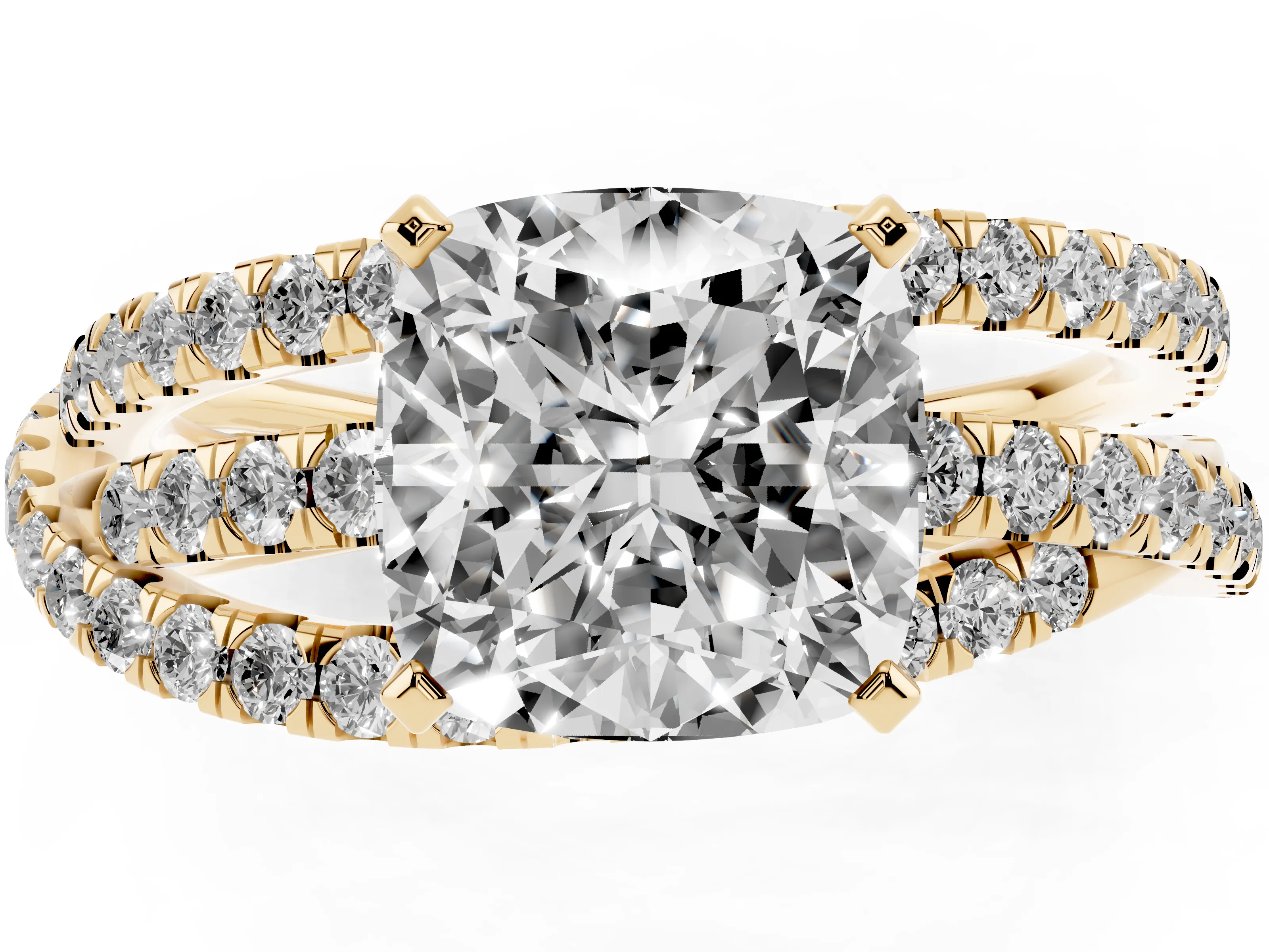 Cushion Cut Diamond Solitaire Twist Band Ring Set in Yellow gold with Pavé Setting and Prong Head