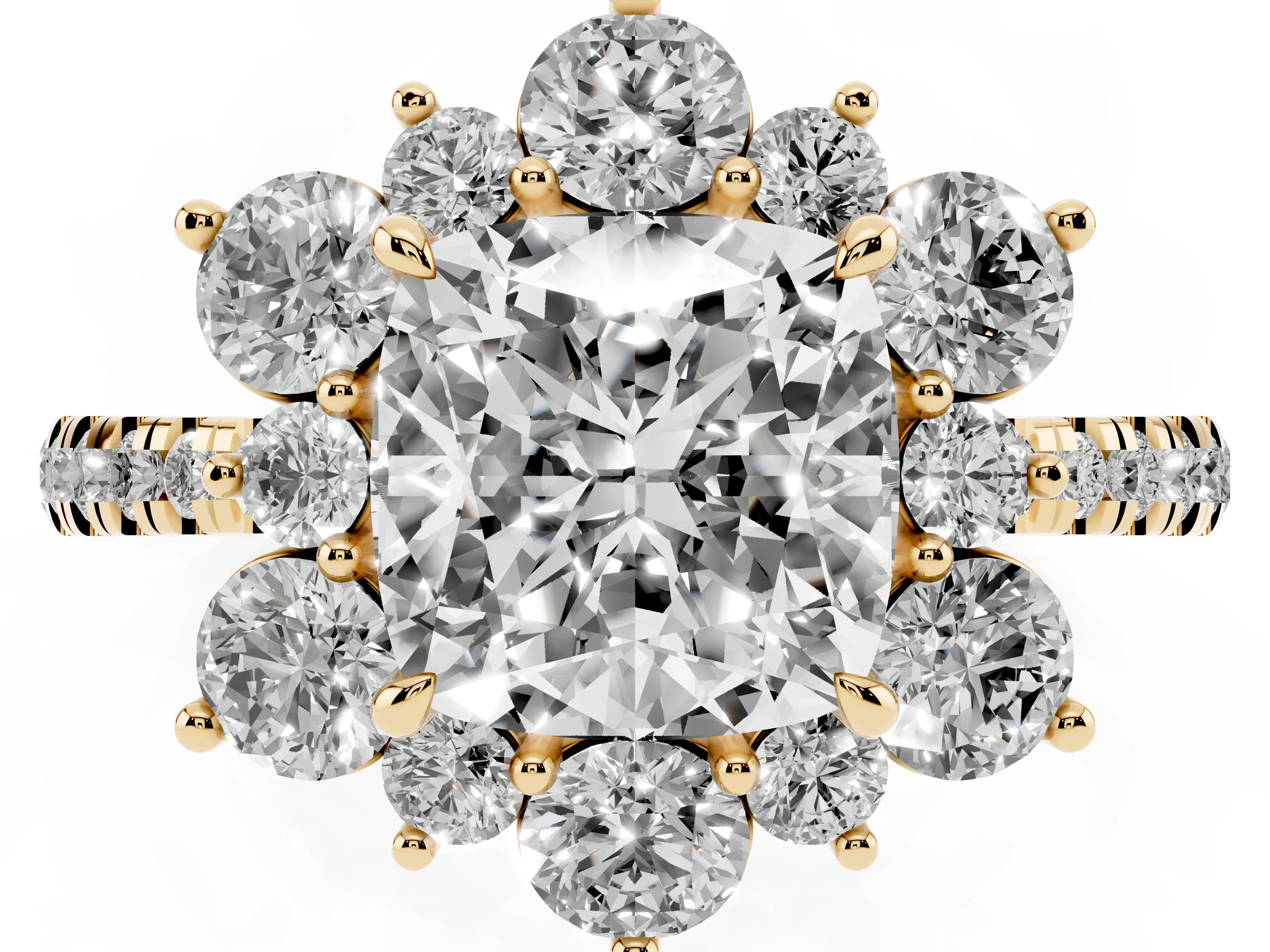 Cushion Cut Diamond Floral Halo Ring Set in Yellow gold with Round Pavé Band and Prong Setting