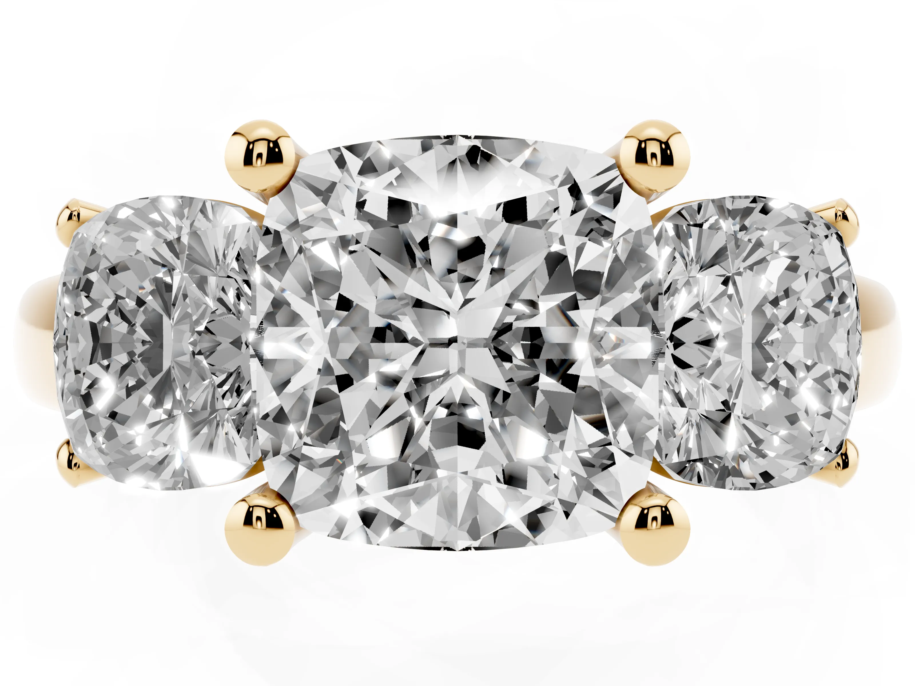 Cushion Cut Diamond Three-Stone Ring Set in Yellow gold with Classic Prong Setting and Plain Band