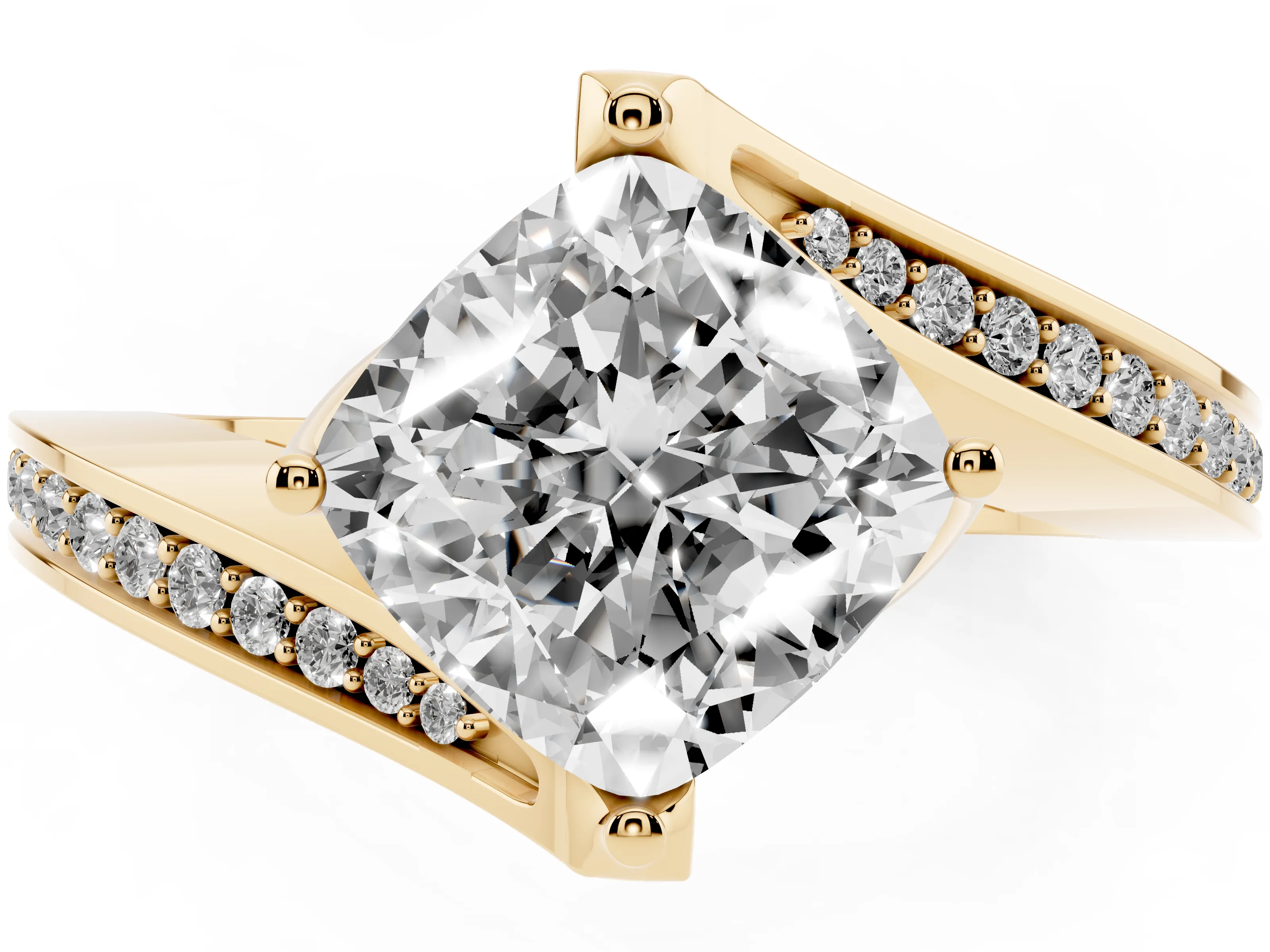 Cushion Cut Diamond Solitaire Ring Set in Yellow gold with Intertwined Pavé Twist Band