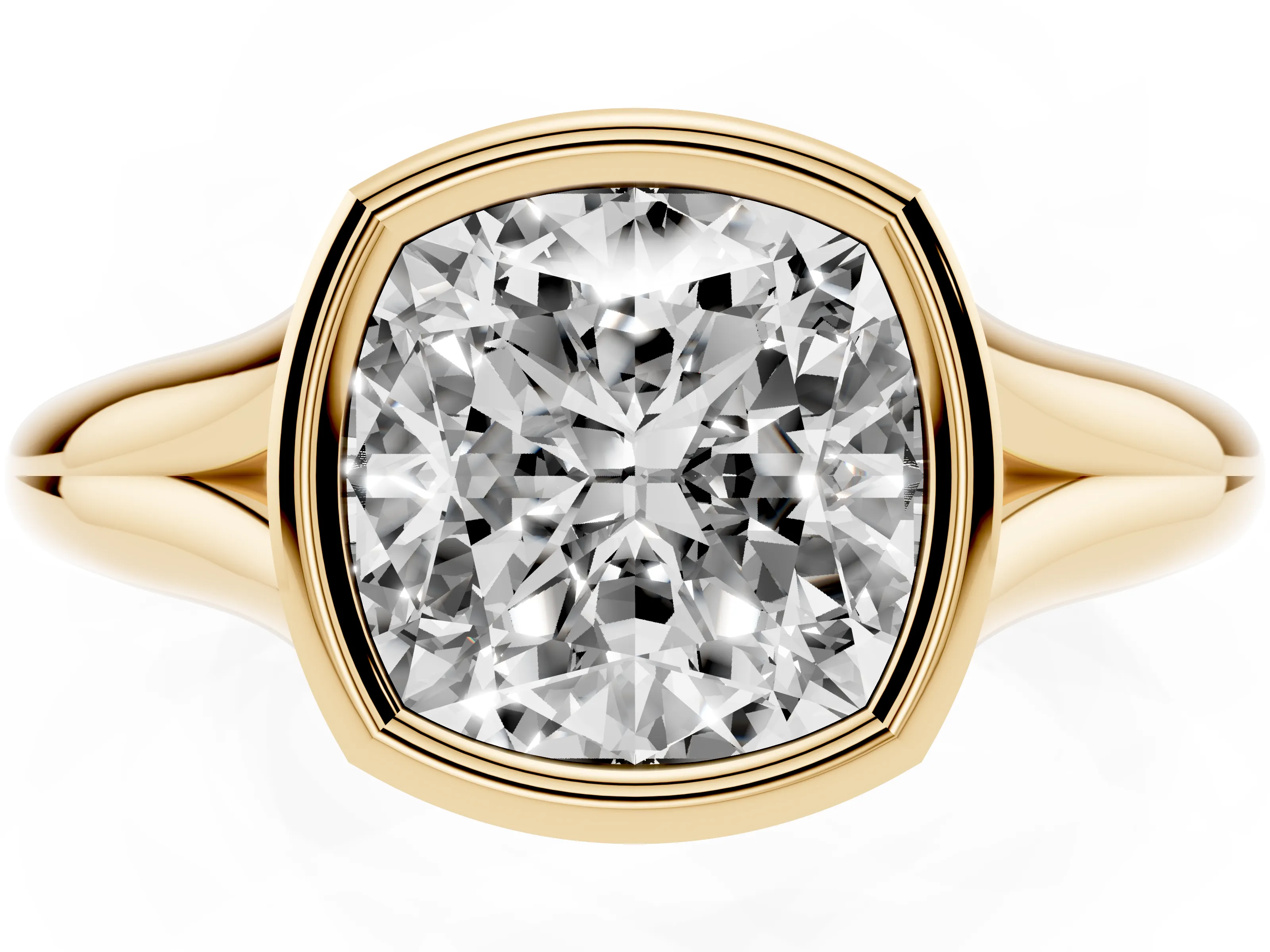 Bezel Set Cushion Cut Diamond Solitaire Ring Set in Yellow gold with Smooth Band