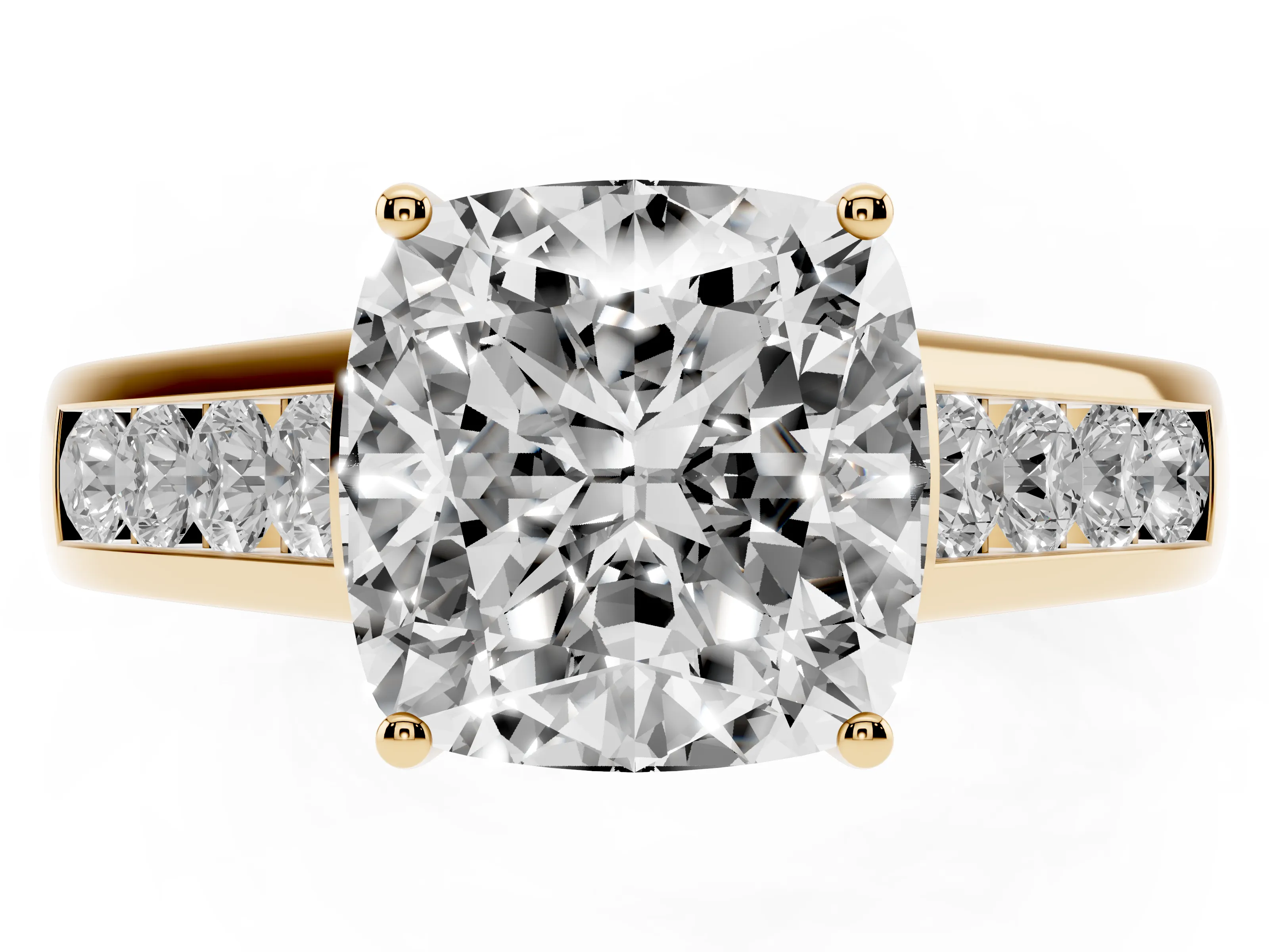 Cushion Cut Diamond Brilliant Channel-Set Solitaire Ring Set in Yellow gold with Prong Setting