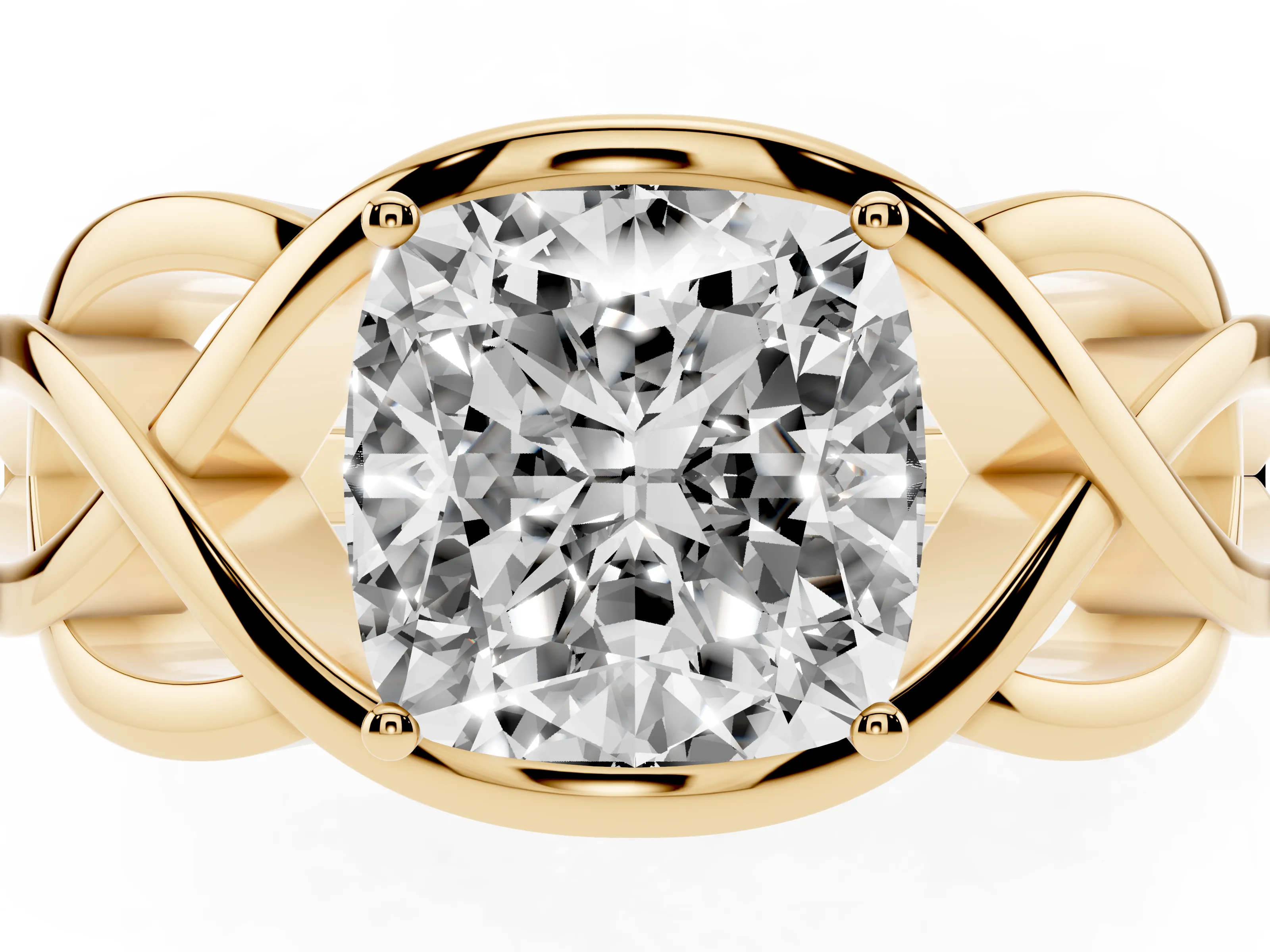 Cushion Cut Diamond Solitaire Ring Set in Yellow gold with Intertwined Band