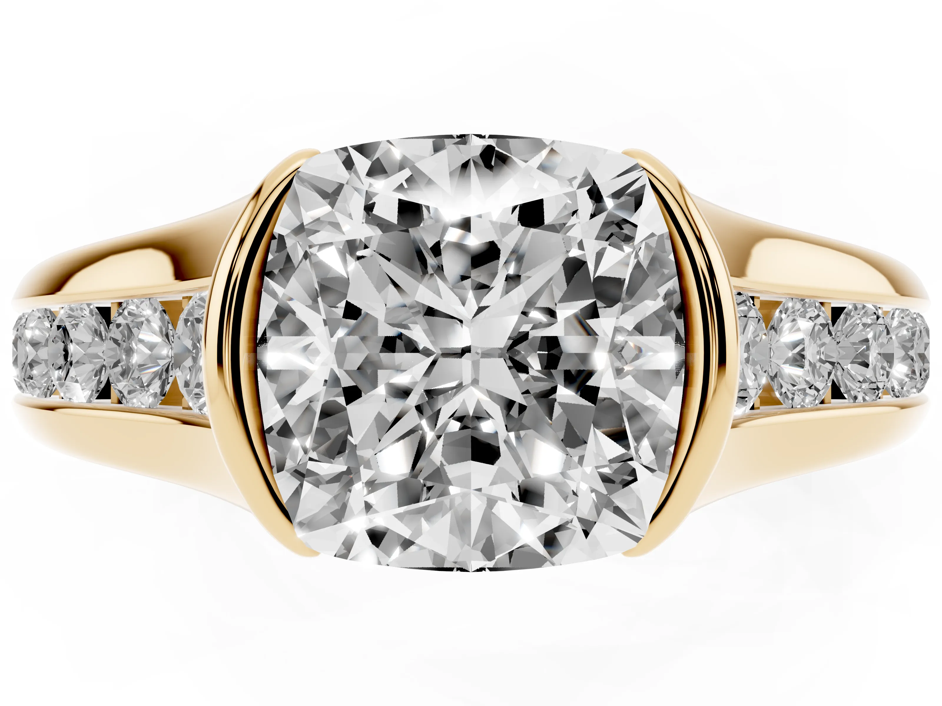 Cushion Cut Diamond Bezel-Set Solitaire Ring Set in Yellow gold with Channel-Set Band