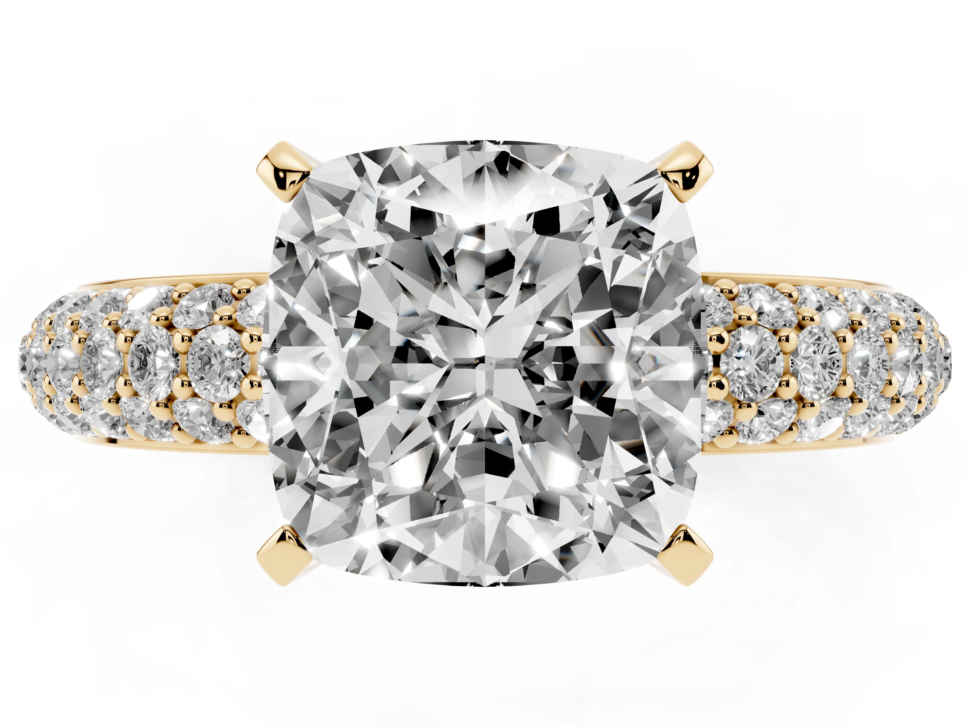 Cushion Cut Diamond Solitaire Ring Set in Yellow gold with Prong Setting and Pavé-Set Band
