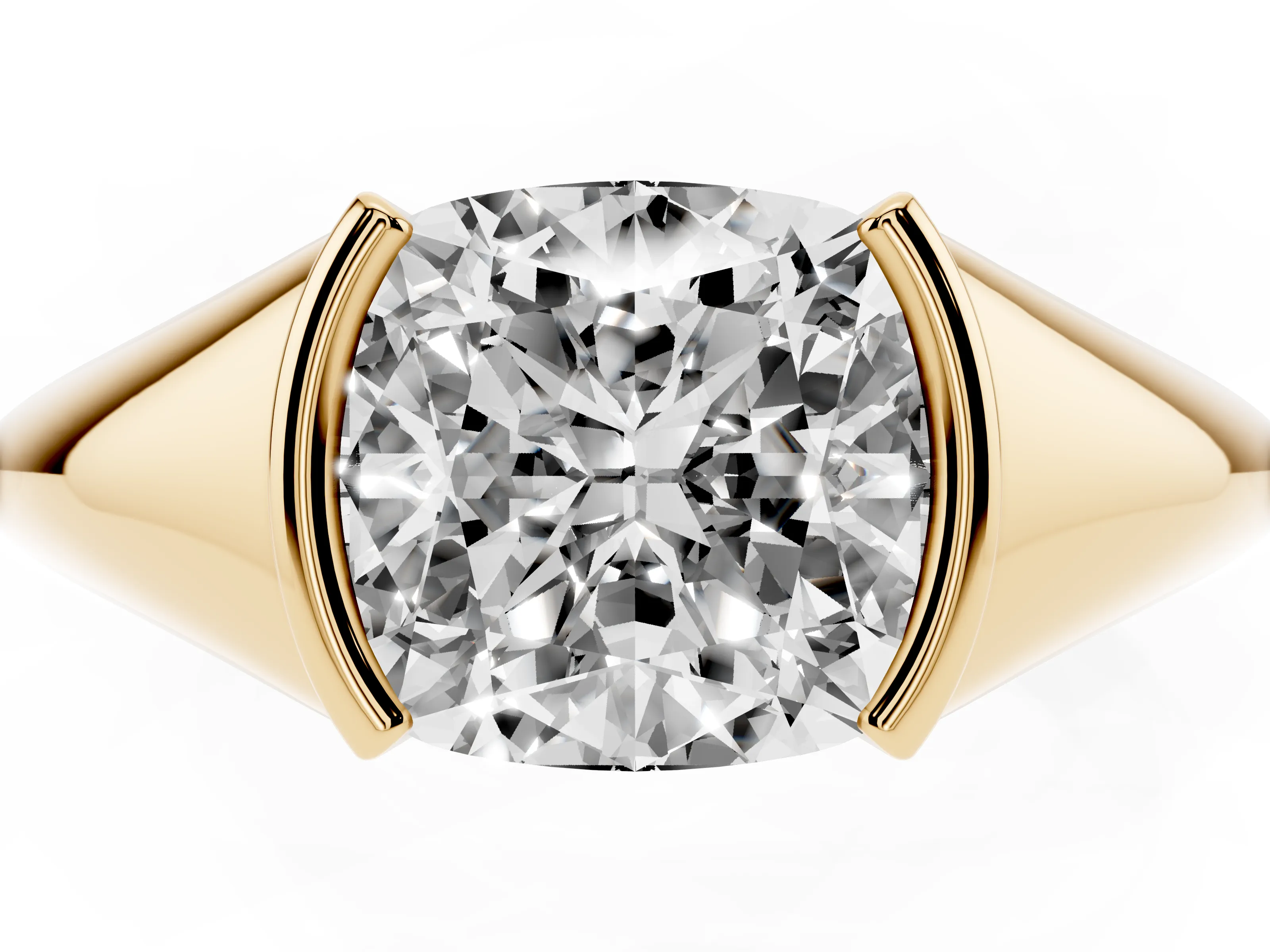 Cushion Cut Diamond Solitaire Tension Set Ring Set in Yellow gold
