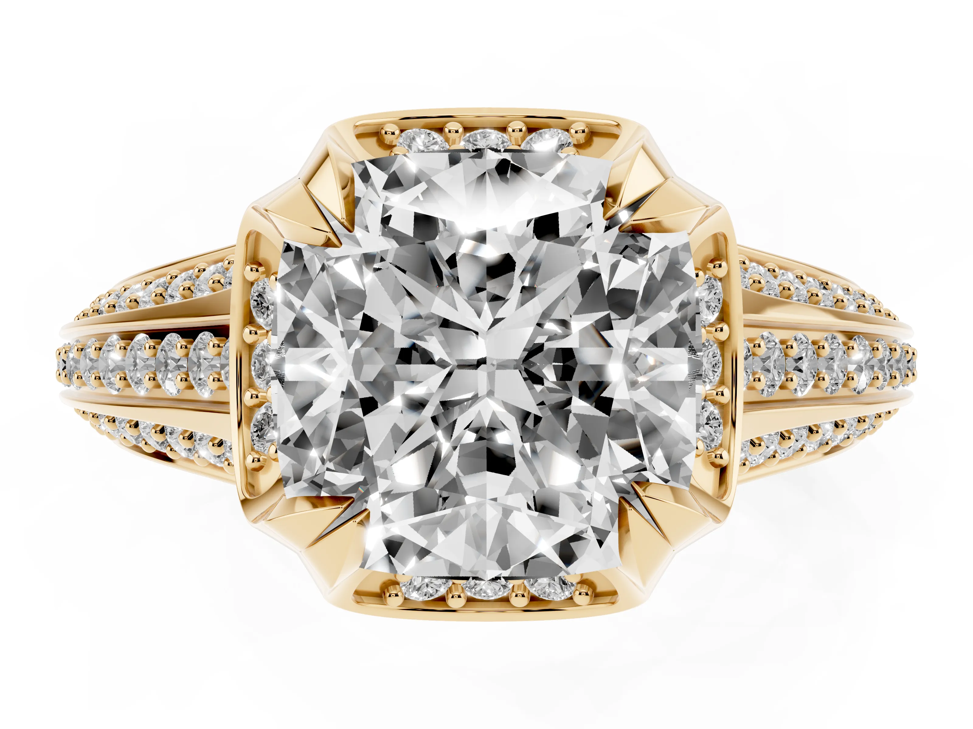 Cushion Cut Diamond Pavé Split Shank Solitaire Ring Set in Yellow gold with Prong Setting