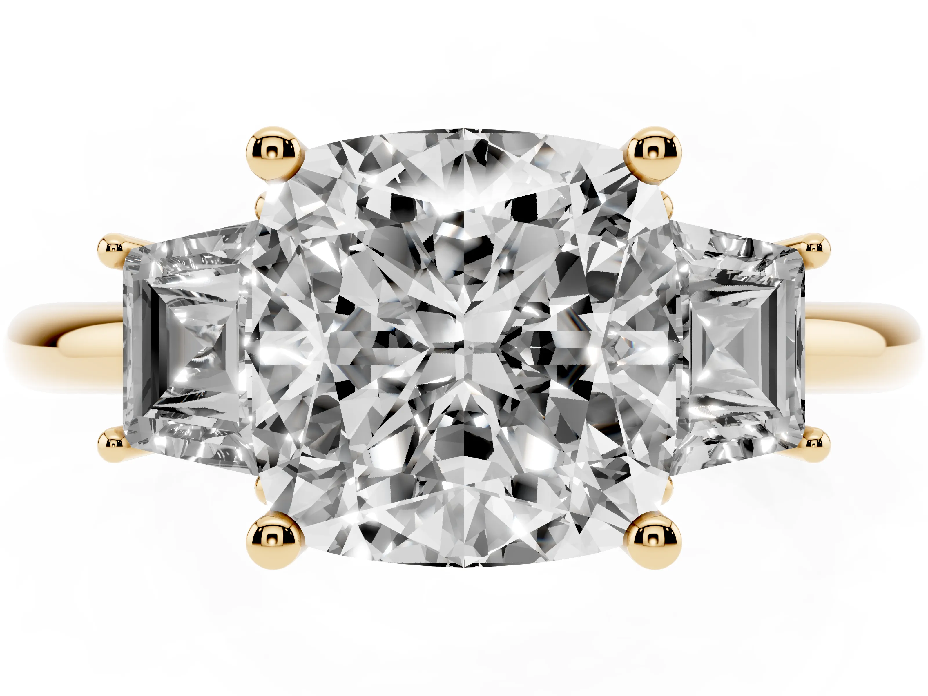 Cushion Cut Diamond Three-Stone Ring Set in Yellow gold with Trapezoid Side Stones and Prong Setting