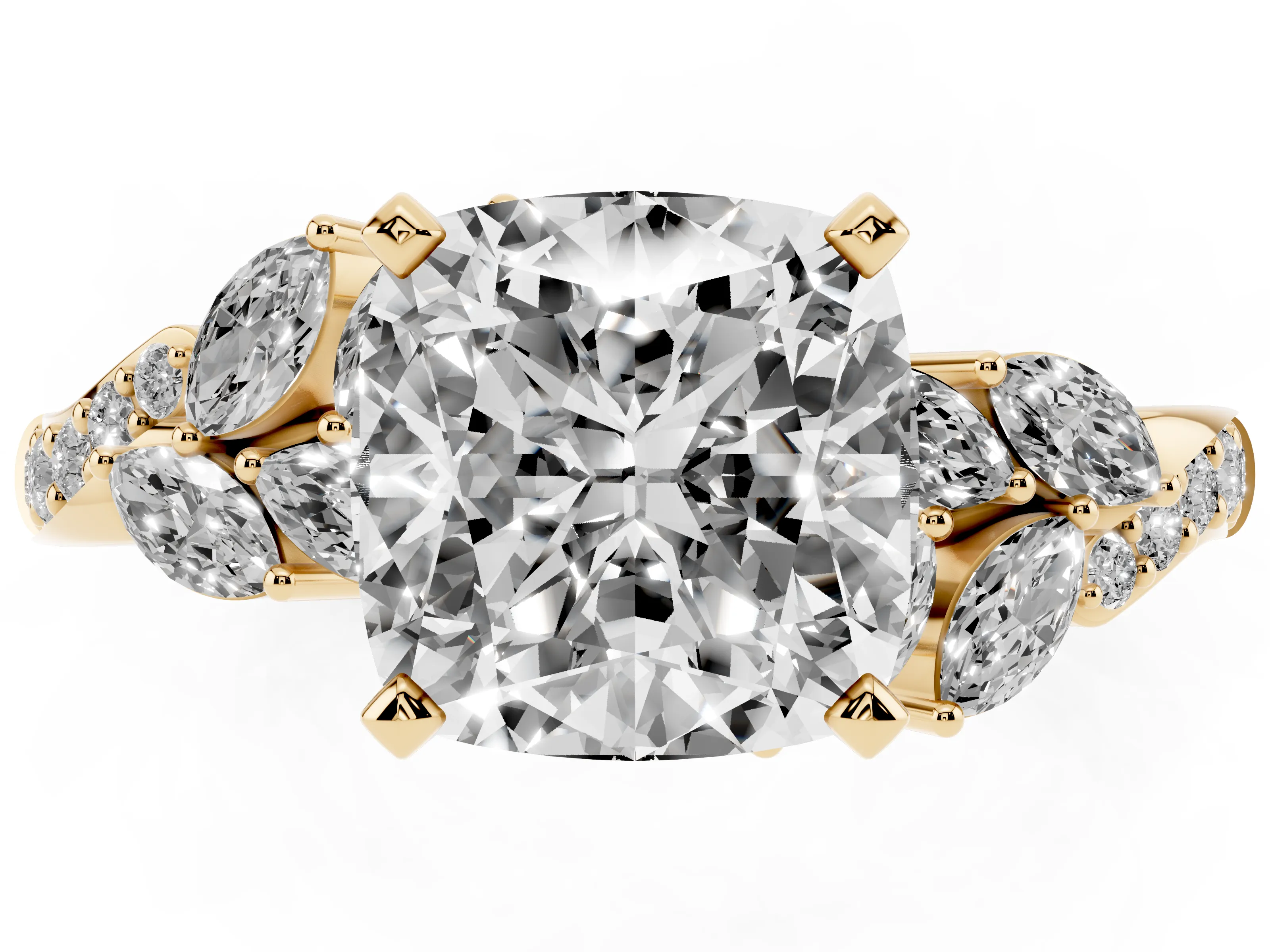 Cushion Cut Diamond Solitaire Ring Set in Yellow gold with Marquise Twist Band and Prong Setting