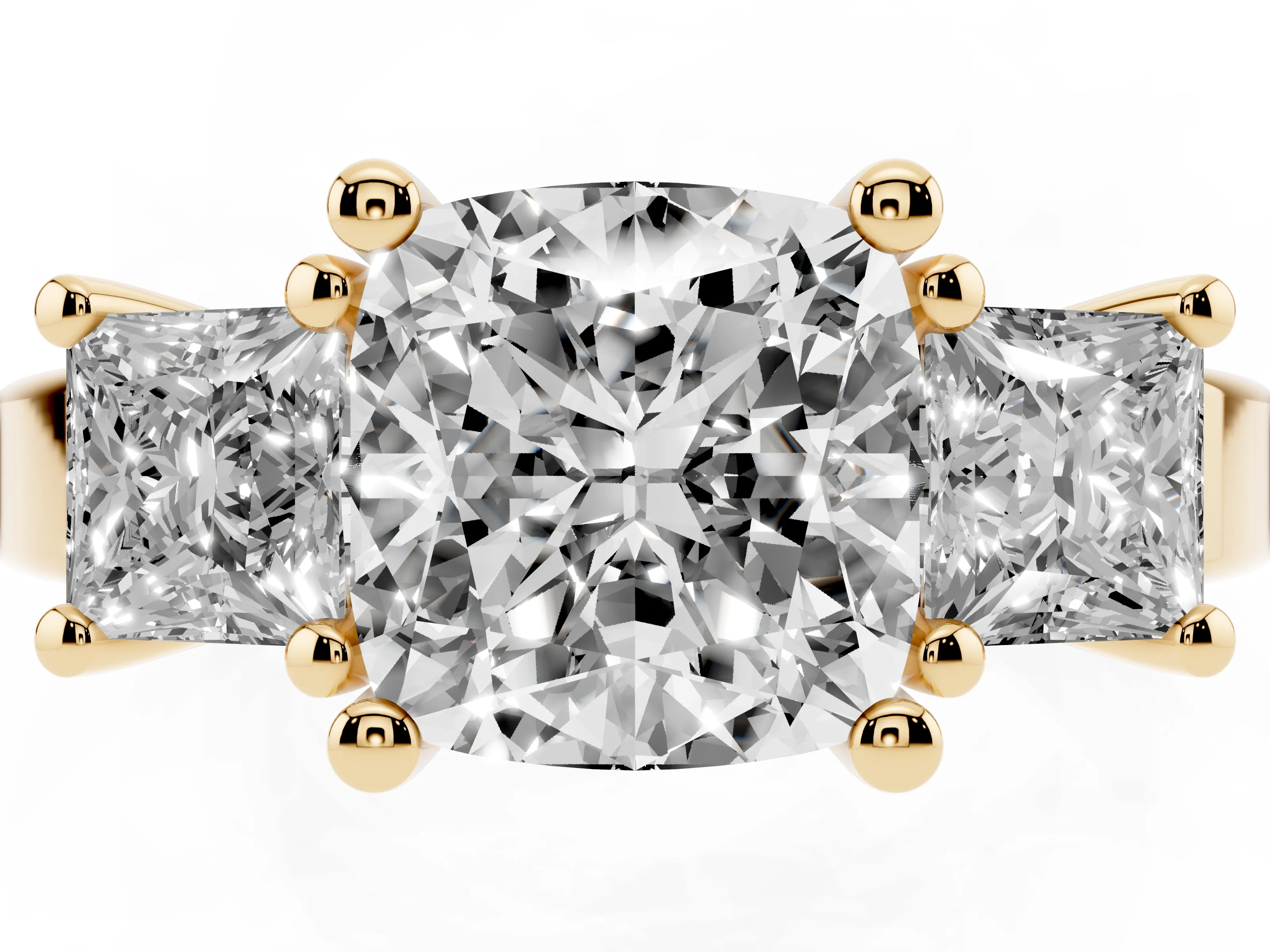 Three-Stone Cushion Cut Diamond Solitaire Ring Set in Yellow gold with Prong Setting