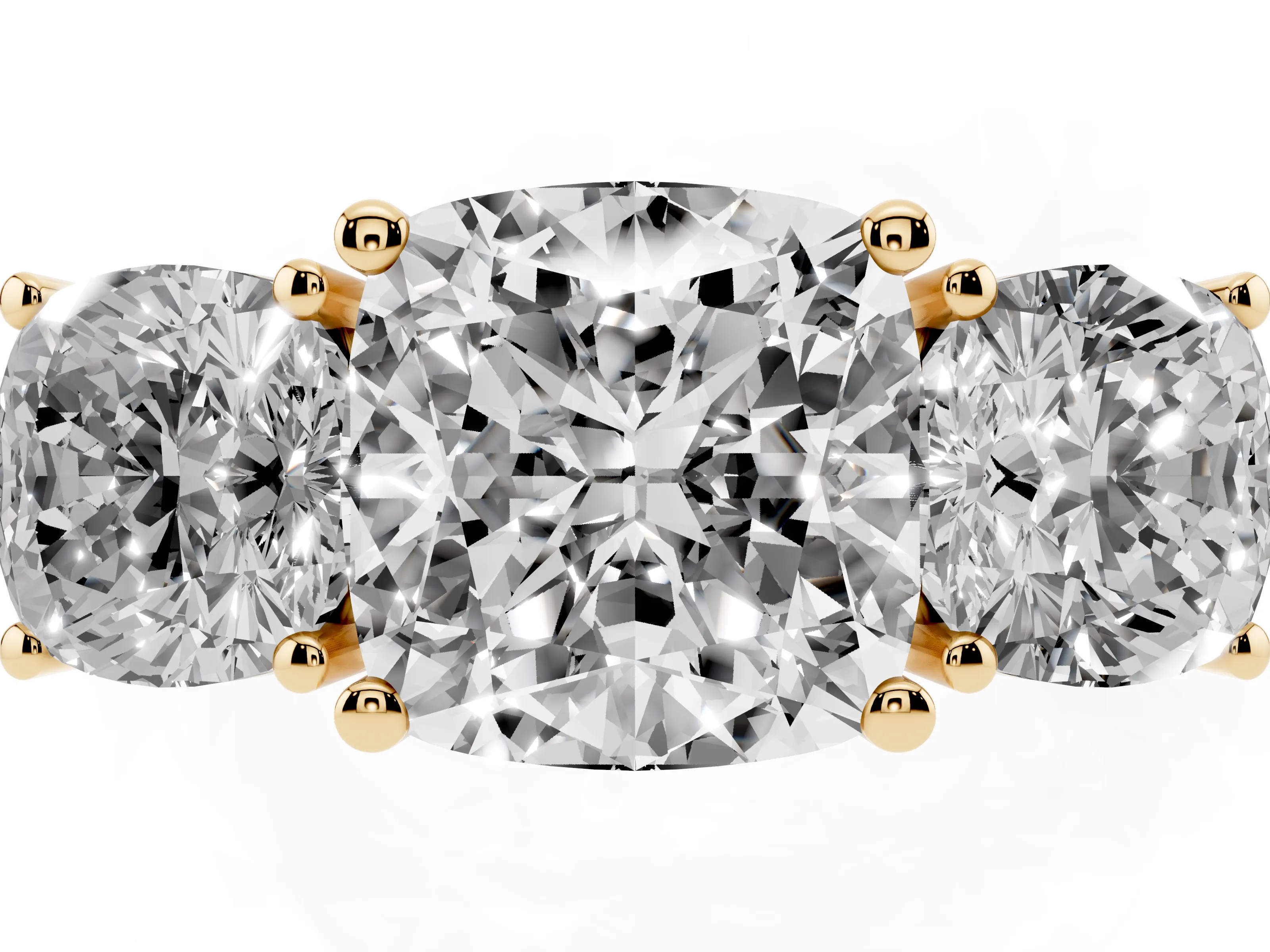 Cushion Cut Diamond Three-Stone Engagement Ring Set in Yellow gold with Flat Band