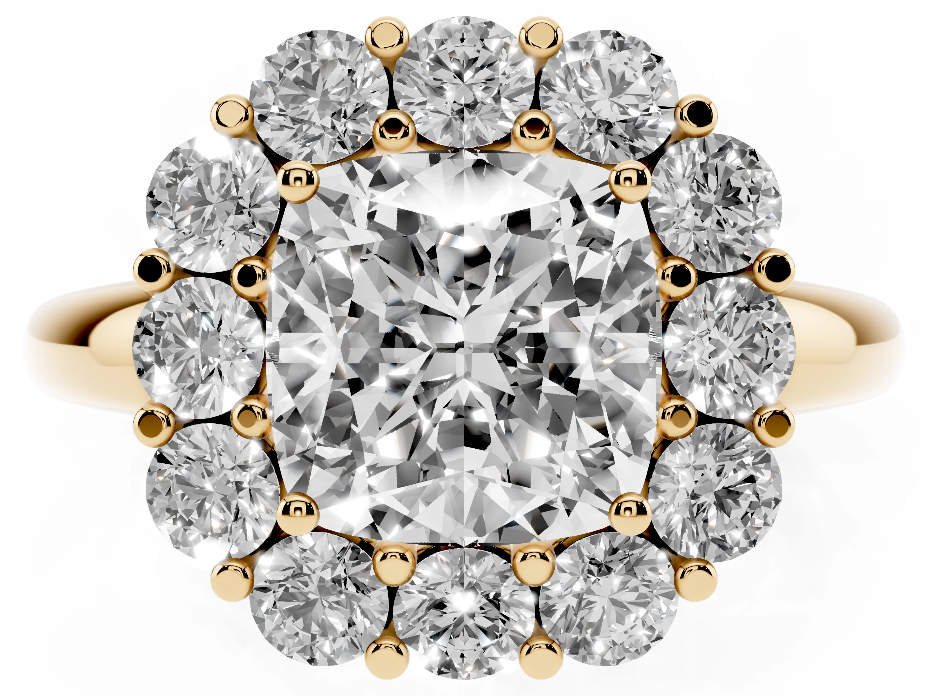 Cushion Cut Diamond Halo Cluster Engagement Ring Set in Yellow gold with Polished Band and Prong Setting