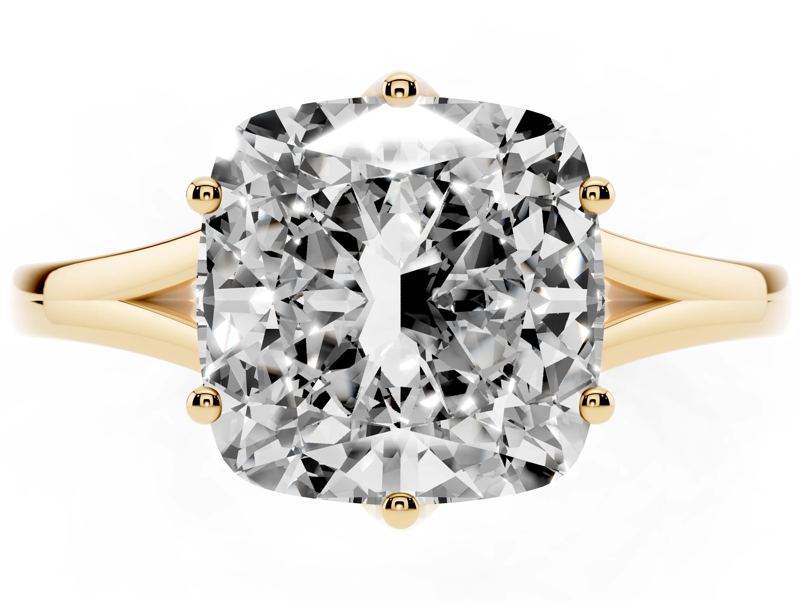 Cushion Cut Diamond Solitaire Ring Set in Yellow gold with Polished Tapered Band and Prong Setting