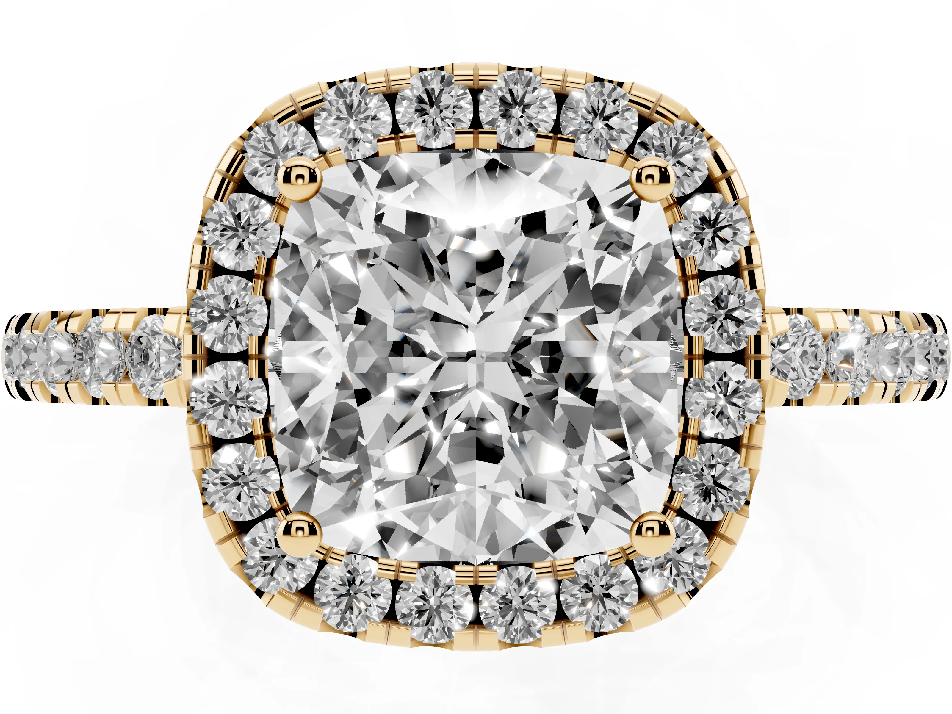 Cushion Cut Diamond Pavé Band Halo Engagement Ring Set in Yellow gold with Prong Setting
