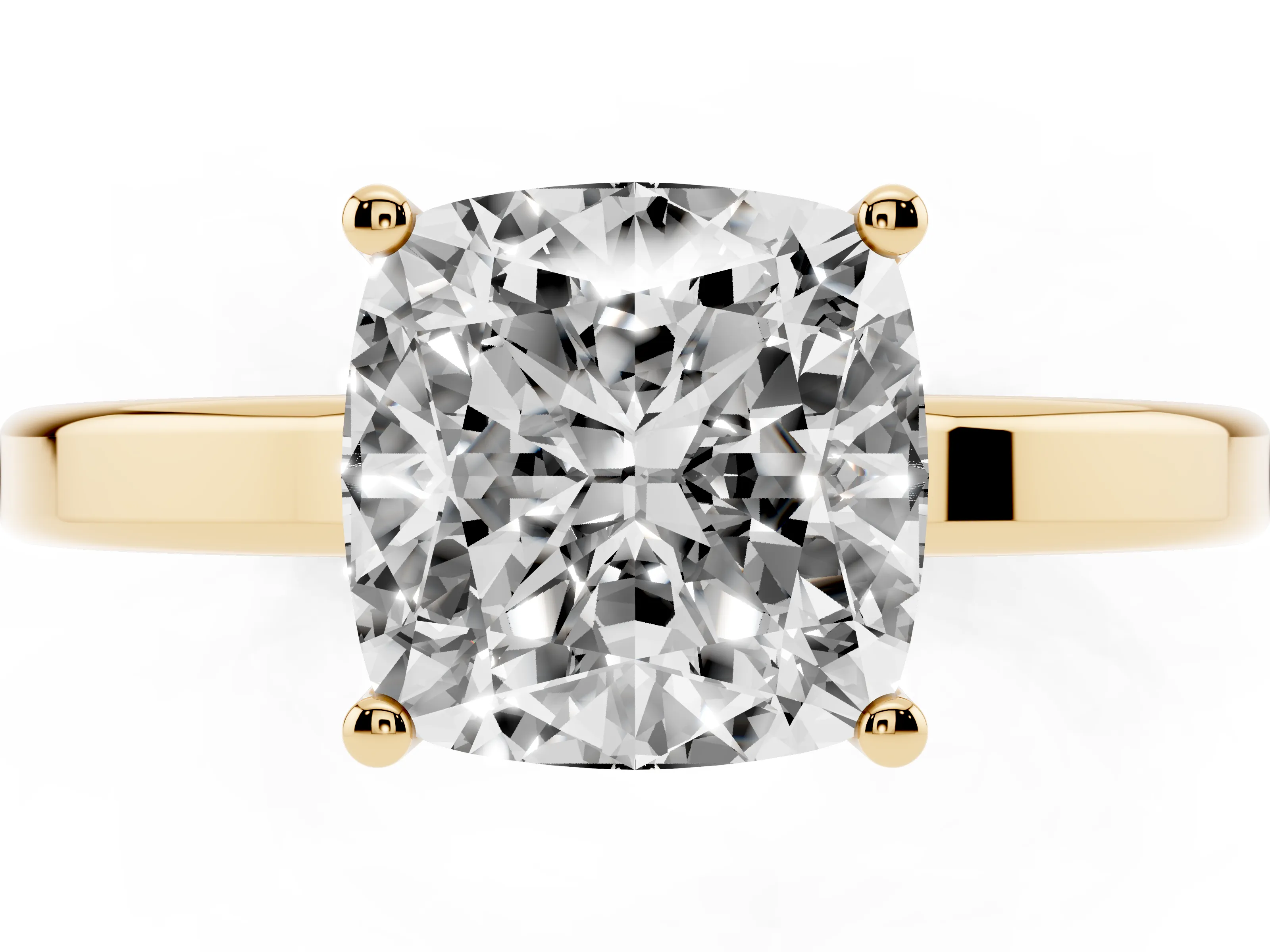 Cushion Cut Diamond Solitaire Engagement Ring Set in Yellow gold with Prong Setting on a Plain Band