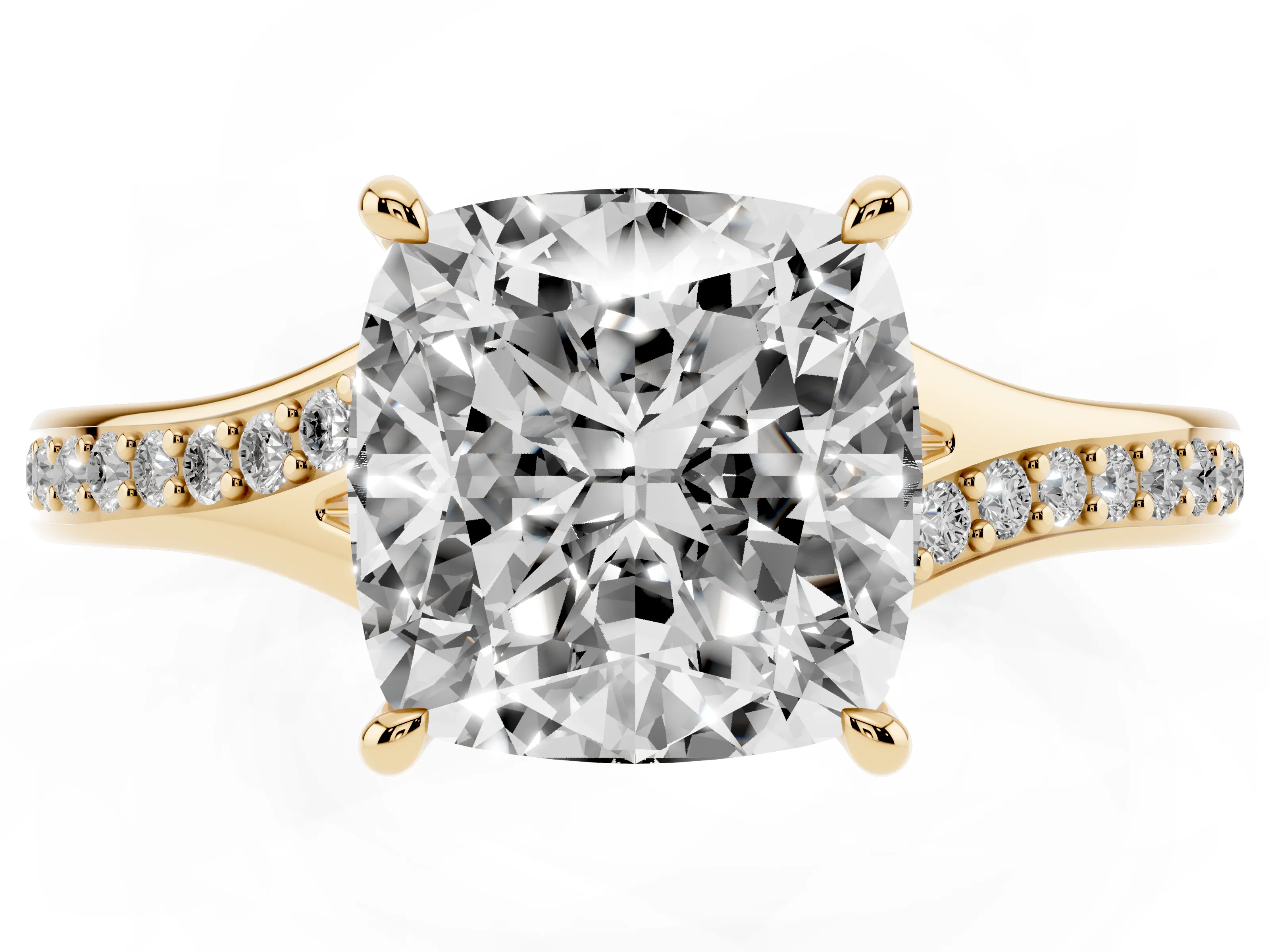 Cushion Cut Diamond Solitaire Ring Set in Yellow gold with Pavé Accent Band and Classic Prong Setting