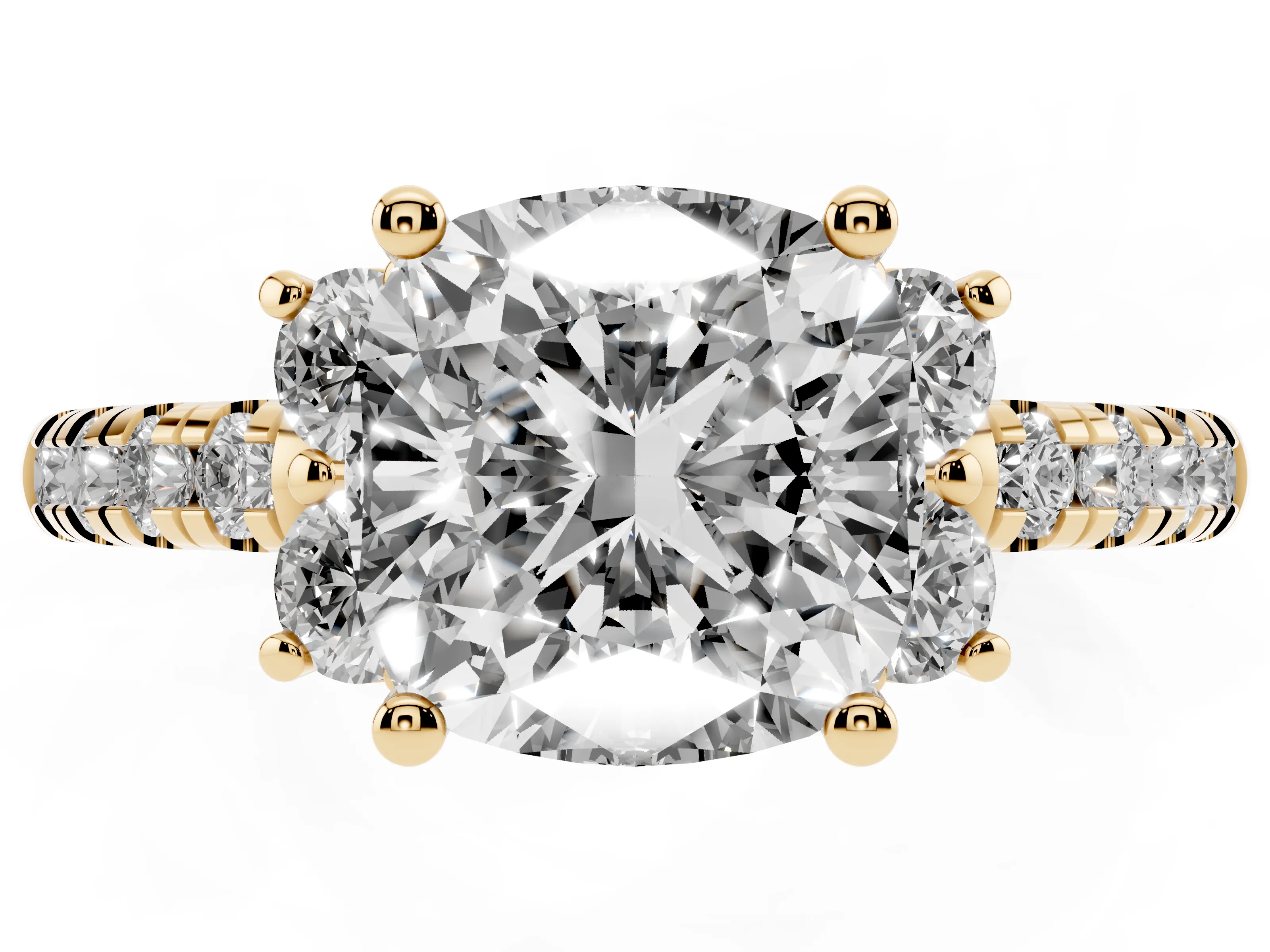 Cushion Cut Diamond Three-Stone Pavé Ring Set in Yellow gold with Prong Setting