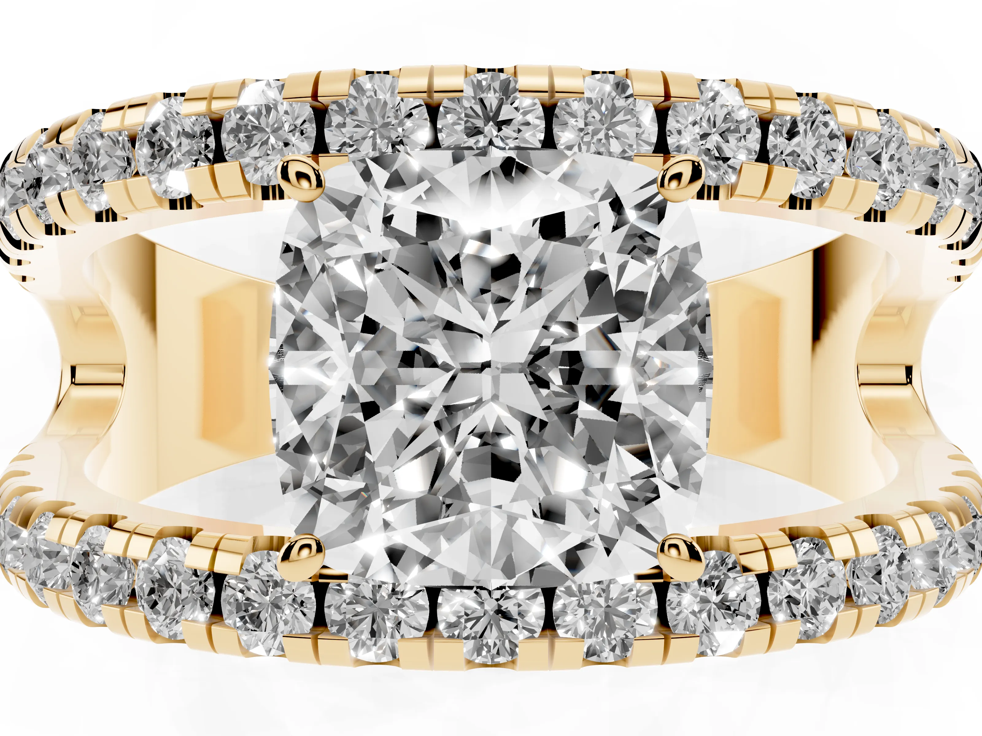 Cushion Cut Diamond Split Shank Pavé Solitaire Ring Set in Yellow gold with Open Shank Design