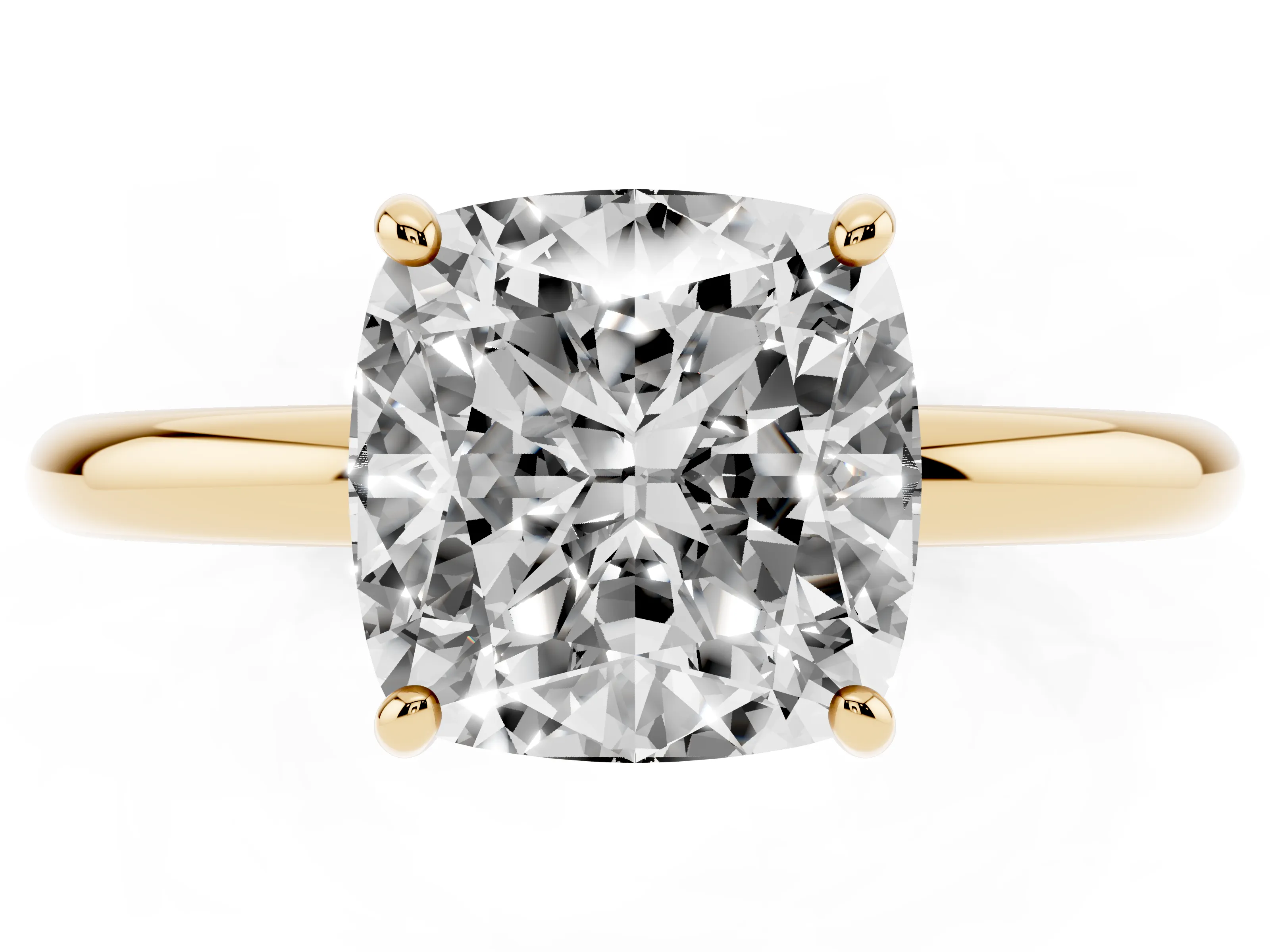 Cushion Cut Diamond Solitaire Ring Set in Yellow gold with Prong Setting on a Polished Plain Band