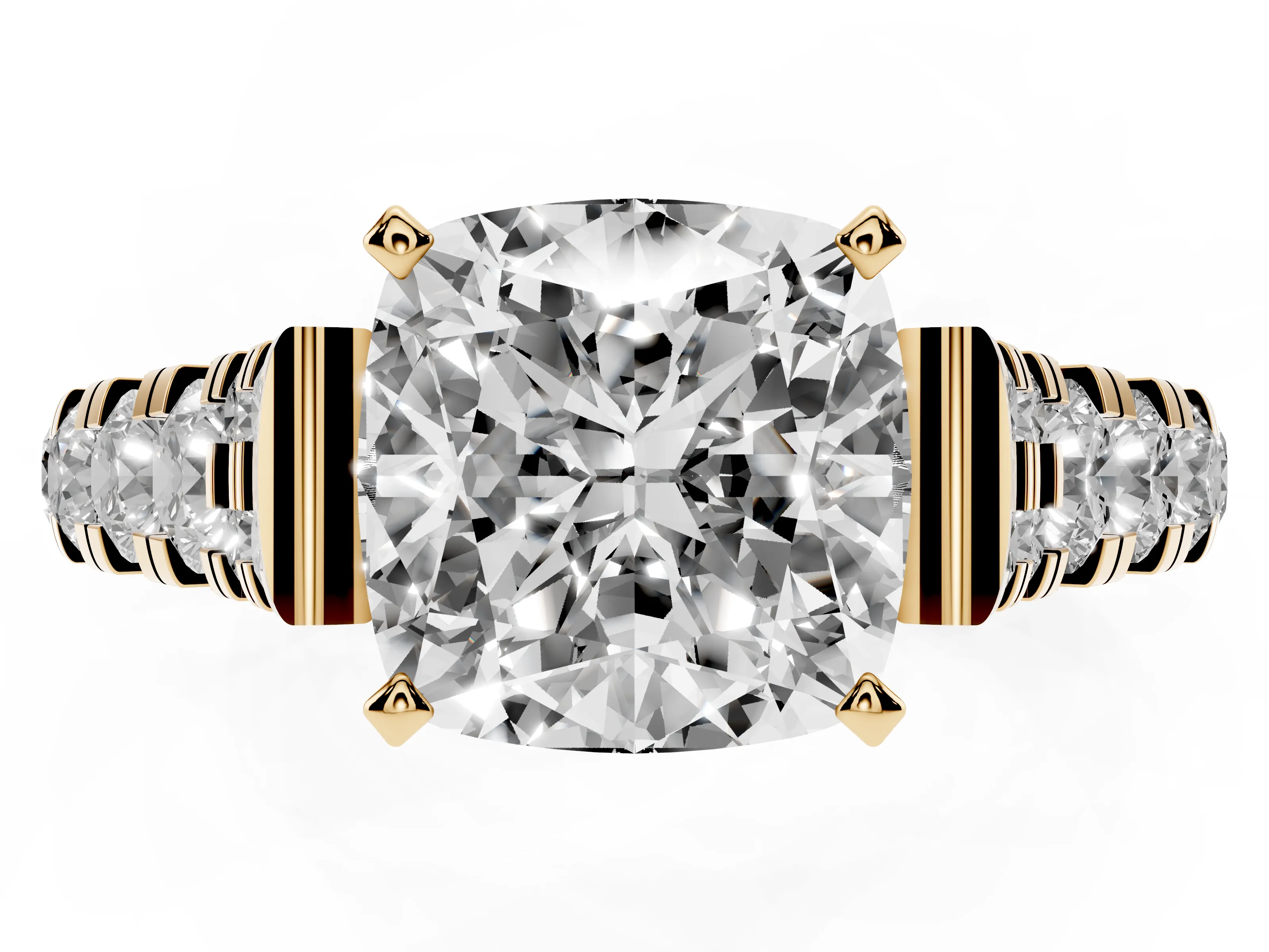 Cushion Cut Diamond Classic Solitaire Ring Set in Yellow gold with Pavé Band and Prong Setting