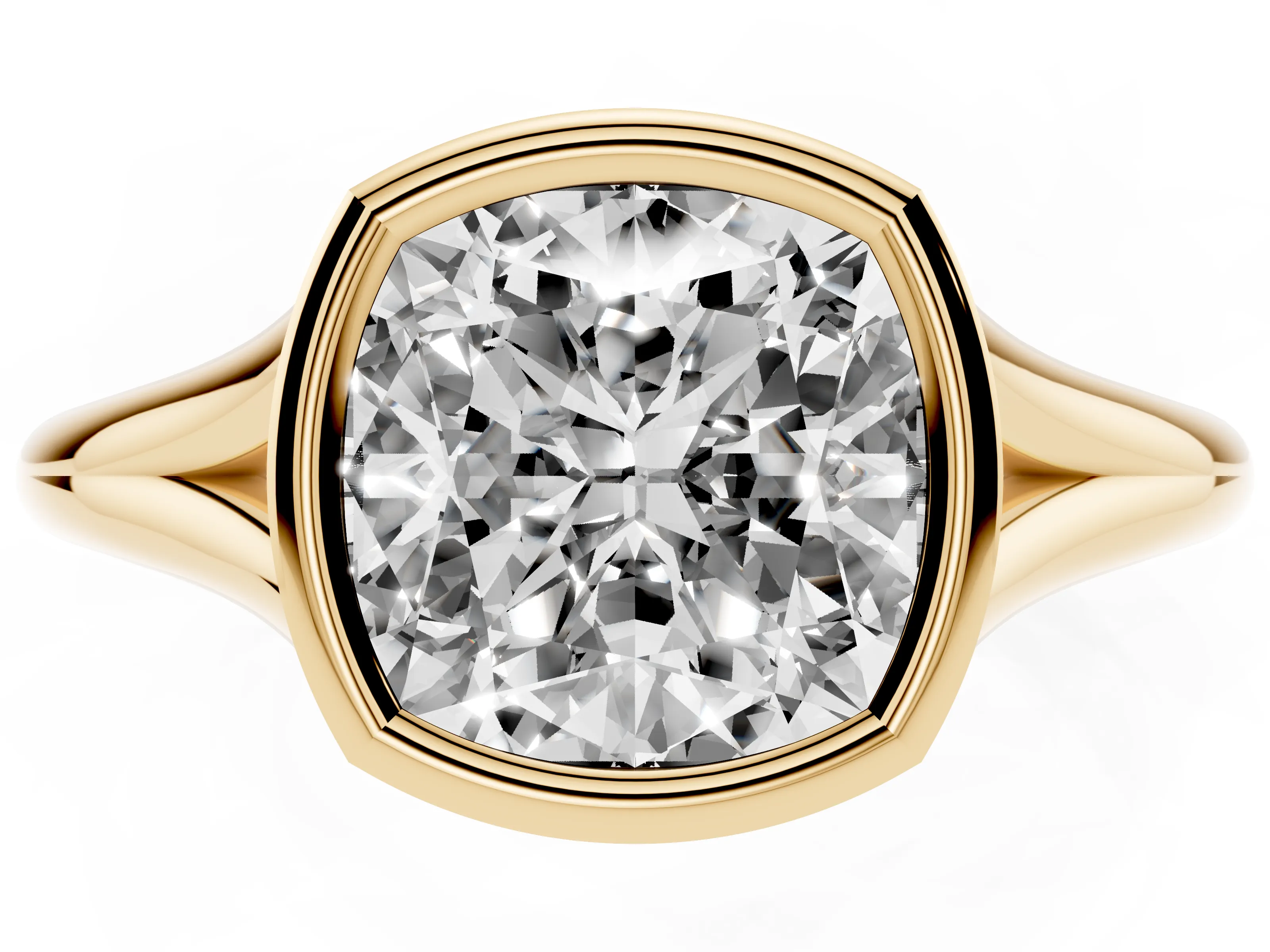 Bezel Set Cushion Cut Diamond Solitaire Ring Set in Yellow gold with Tapered Band