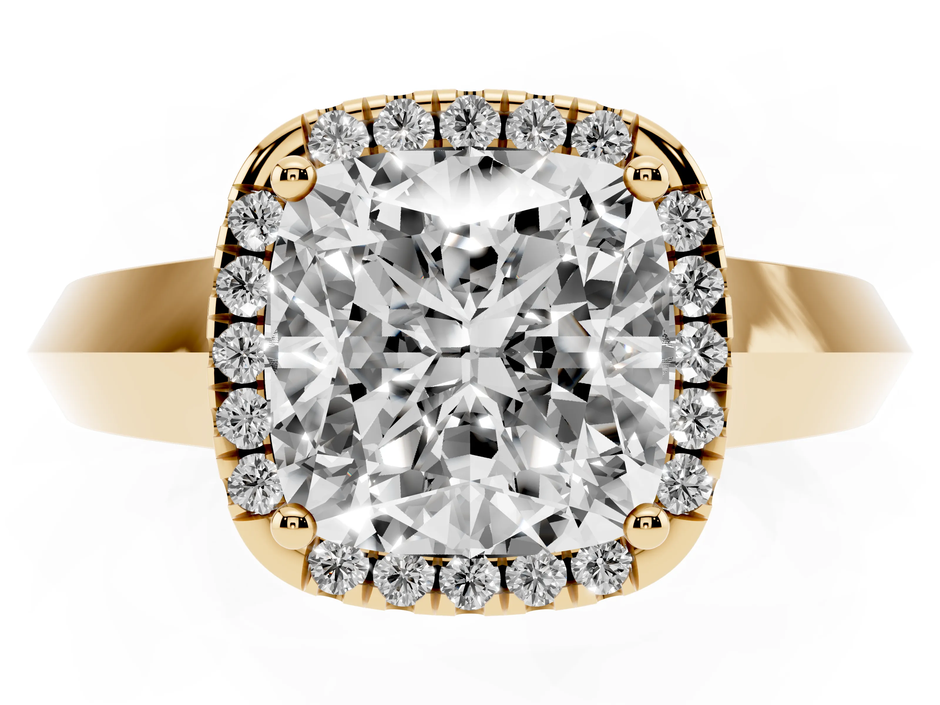 Cushion Cut Diamond Halo Ring Set in Yellow gold with Cathedral Band and Prong Setting