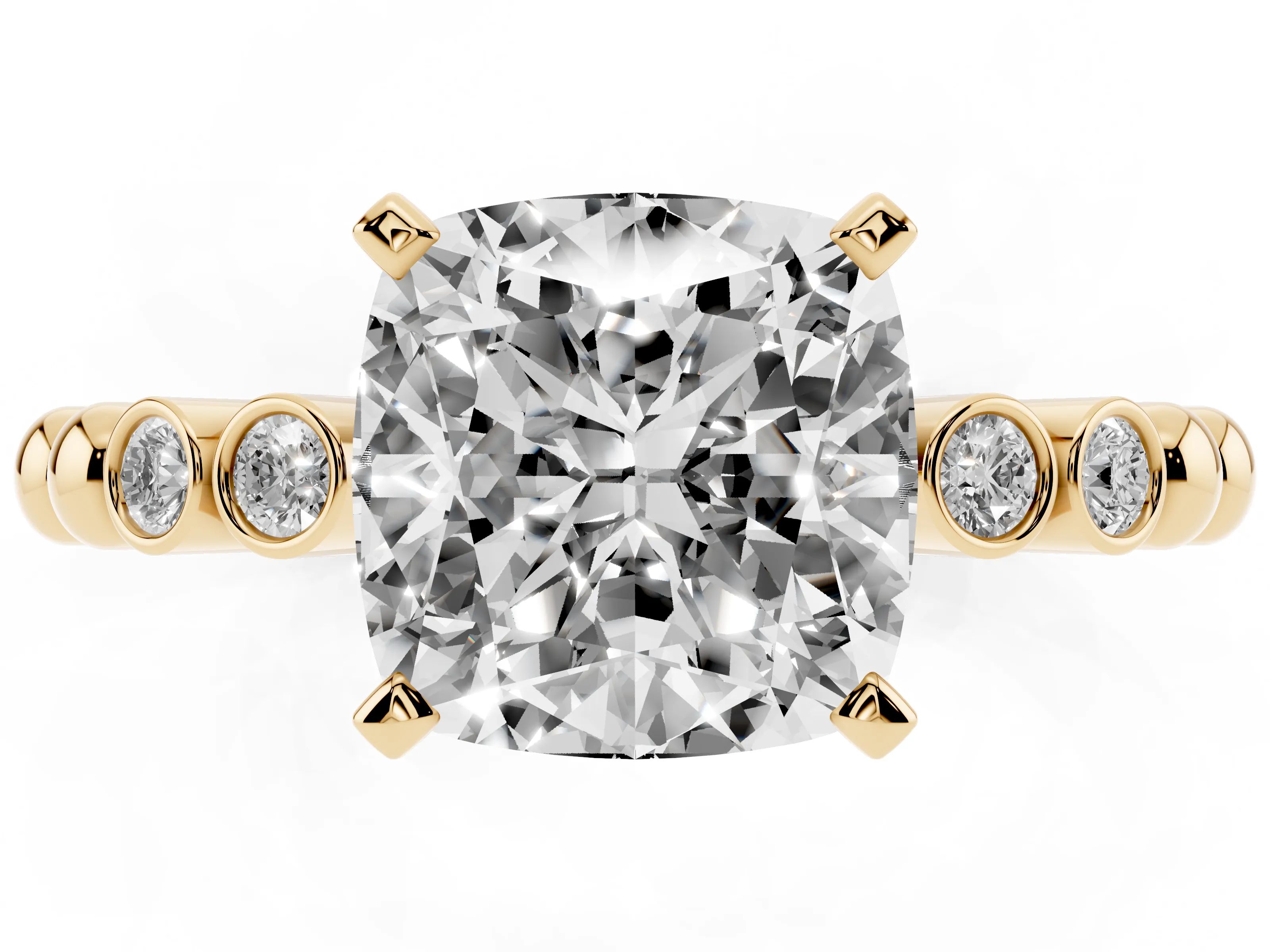 Cushion Cut Diamond Solitaire Engagement Ring Set in Yellow gold with Bezel Accents on Beaded Band