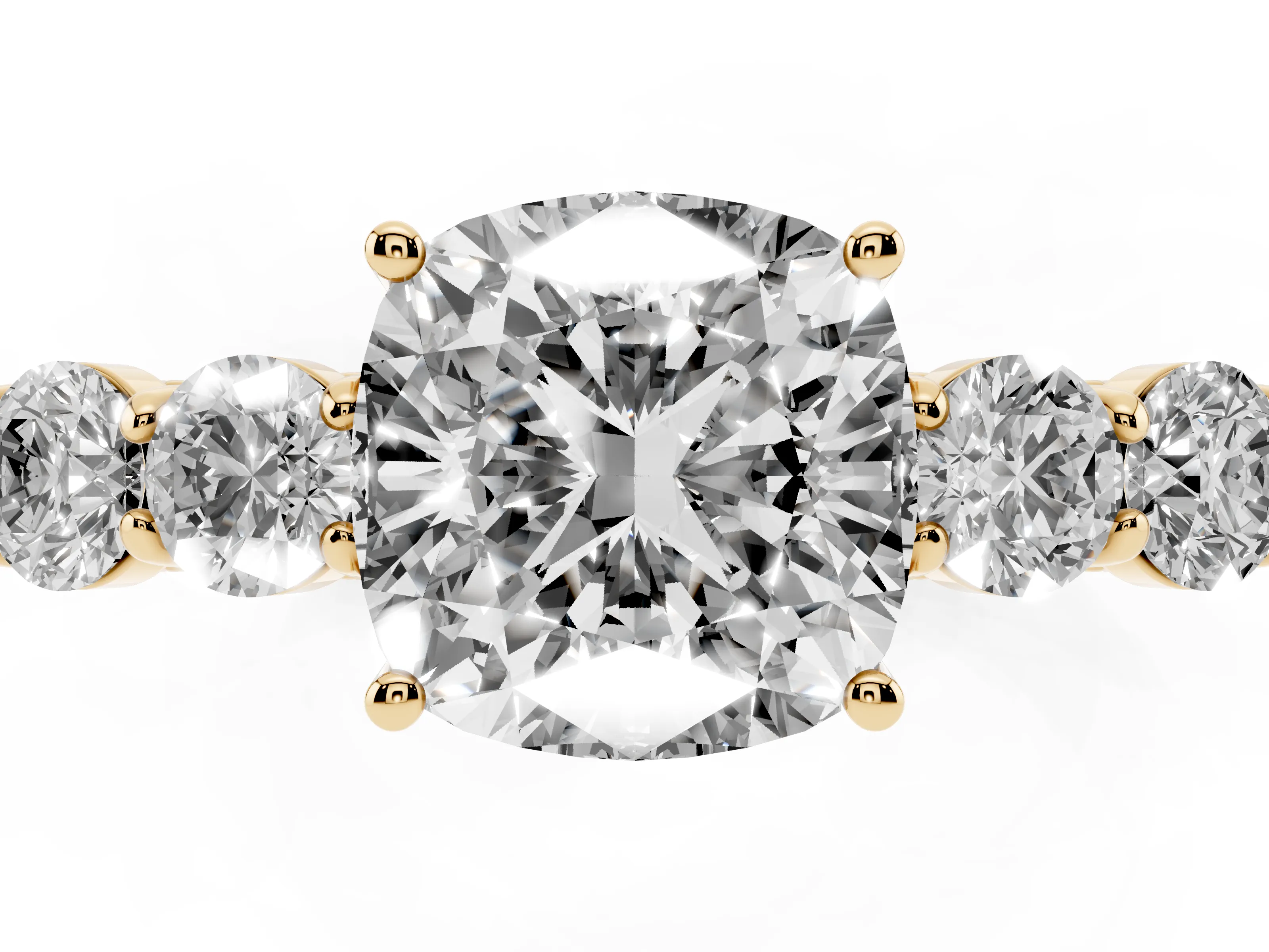 Cushion Cut Diamond Five-Stone Prong Set Band Ring Set in Yellow gold with Polished Band