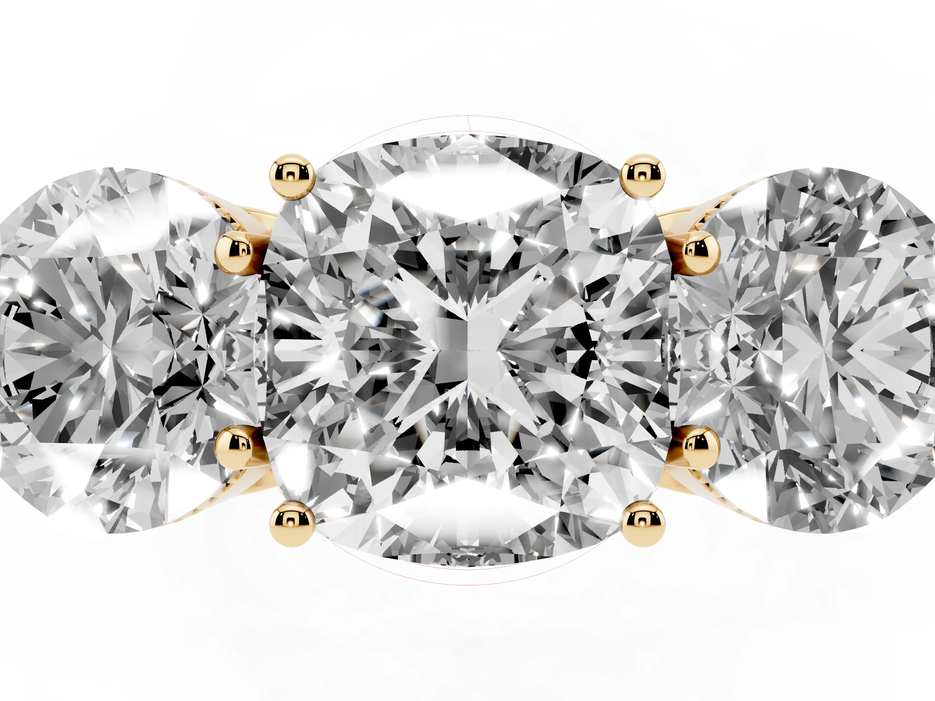 Cushion Cut Diamond Three-Stone Engagement Ring Set in Yellow gold with Polished Band