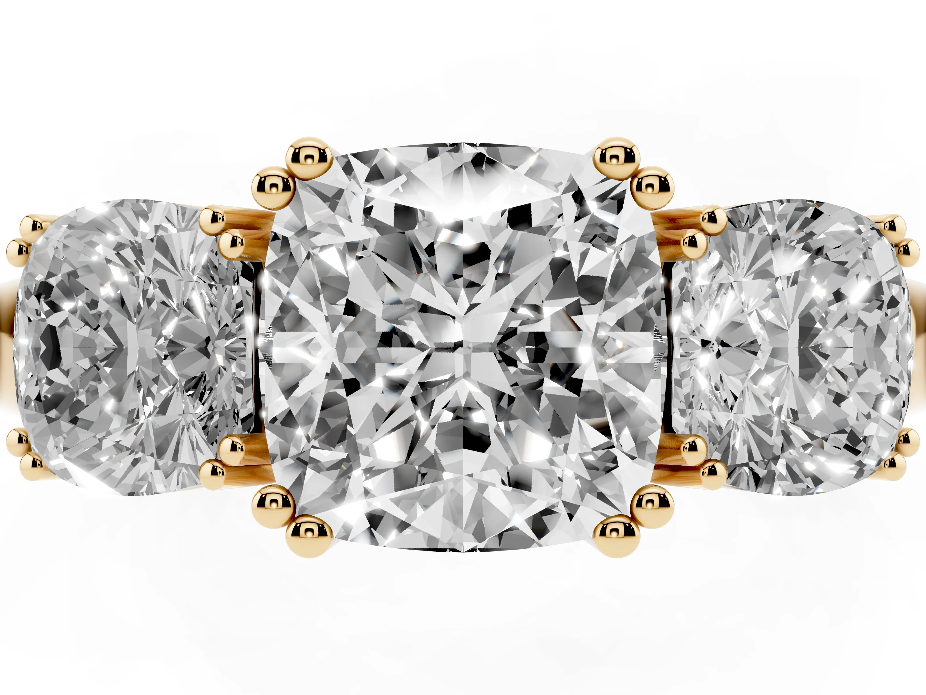 Cushion Cut Diamond Three-Stone Ring Set in Yellow gold with Polished Band and Prong Setting